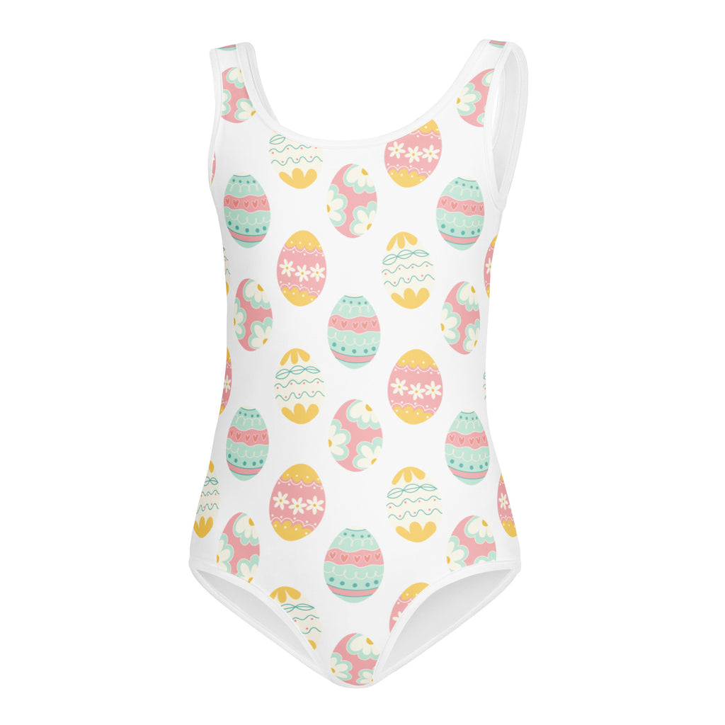 Girls pastel easter eggs buttery soft white one-piece swimsuit with pink yellow and mint green quick drying pattern