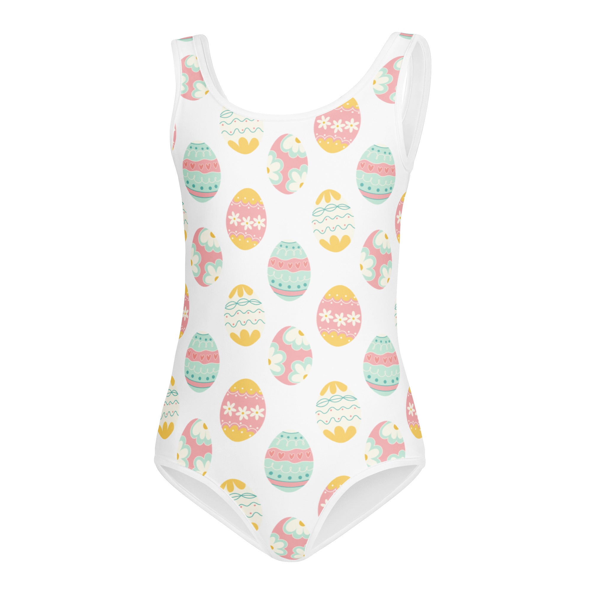 Girls pastel easter eggs buttery soft white one-piece swimsuit with pink yellow and mint green quick drying pattern