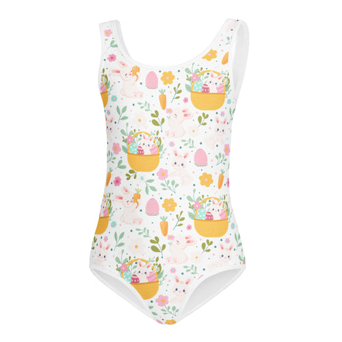 White girls Easter bunny buttery soft quick drying leotard with pastel bunny carrot and egg pattern for dance and gymnastics