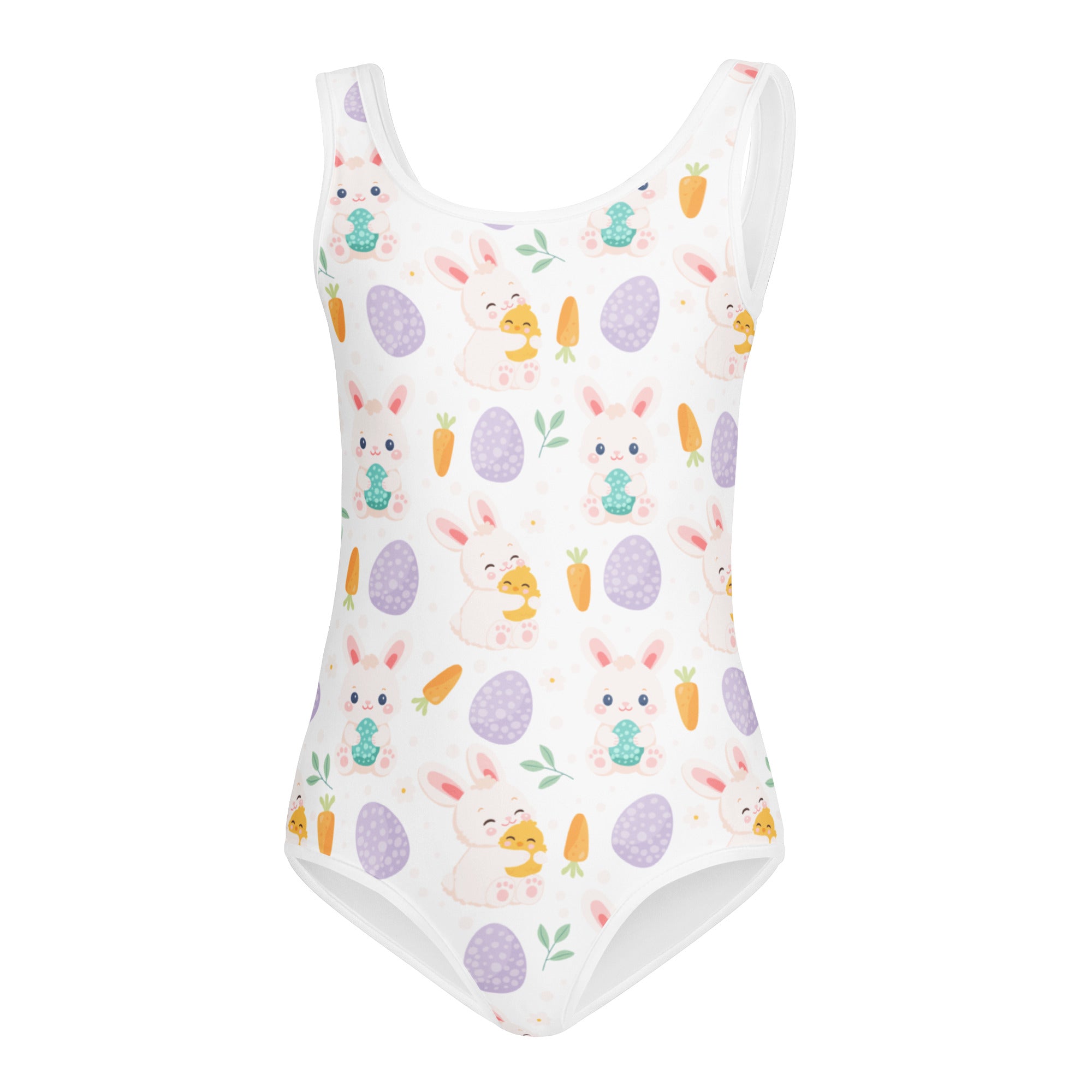 White one-piece swimsuit with playful easter bunny carrot and purple egg pattern quick drying for dance and gymnastics