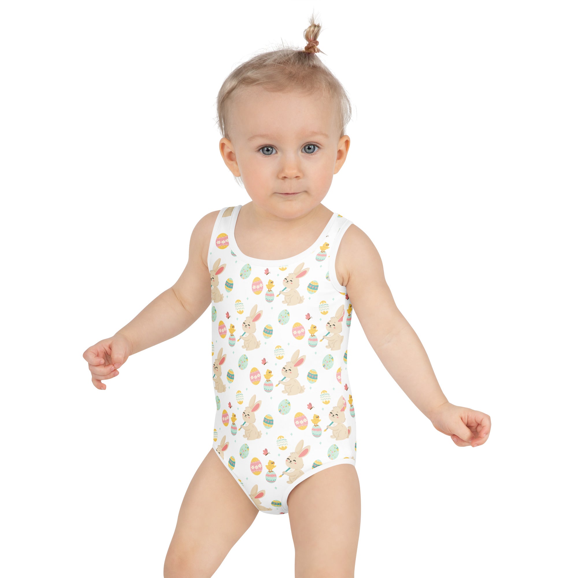 White girls one-piece swimsuit with pastel bunny chick egg pattern buttery soft fabric upf 50+ double layered front