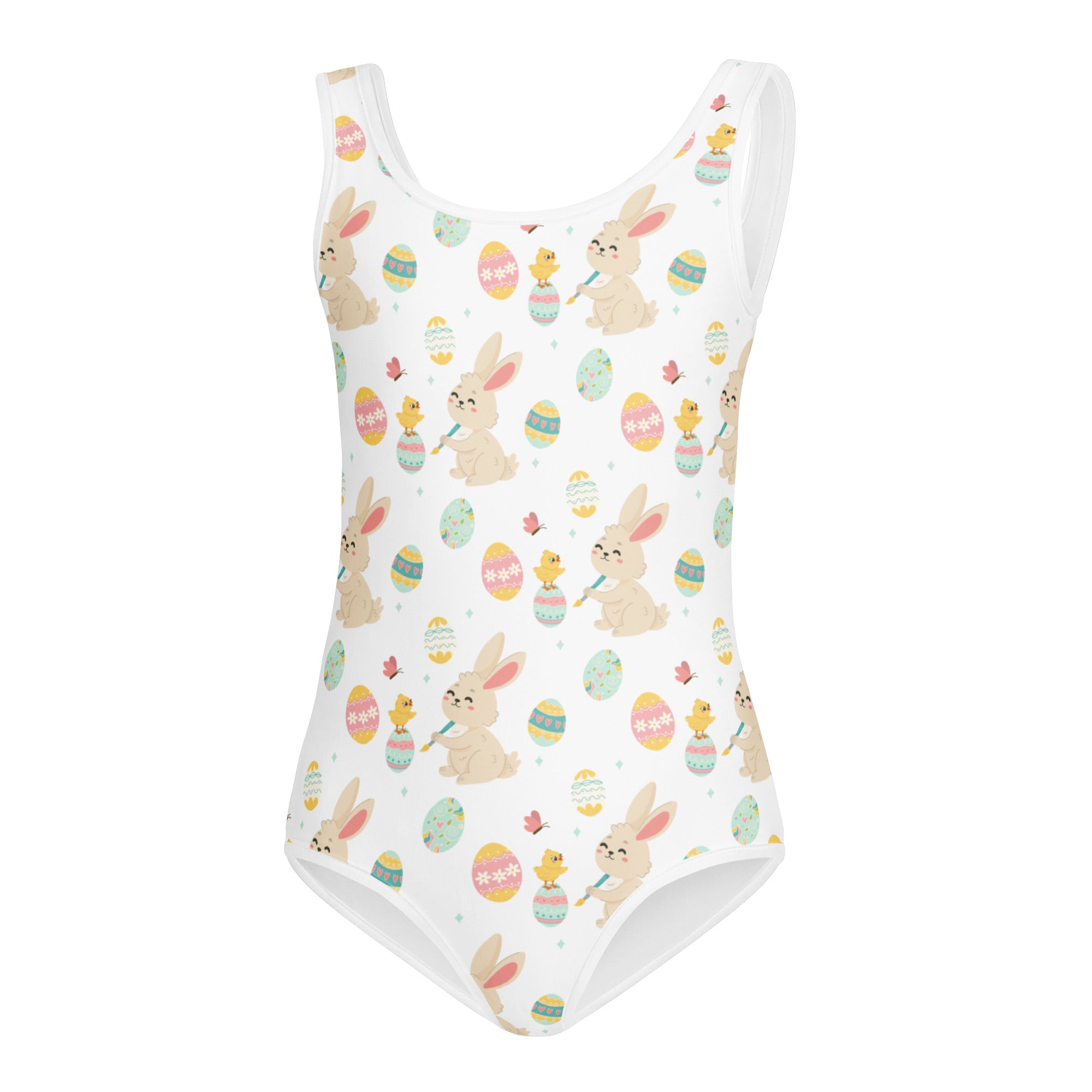 White one-piece swimsuit with playful easter pattern of beige bunnies colorful eggs and yellow chicks for girls dance