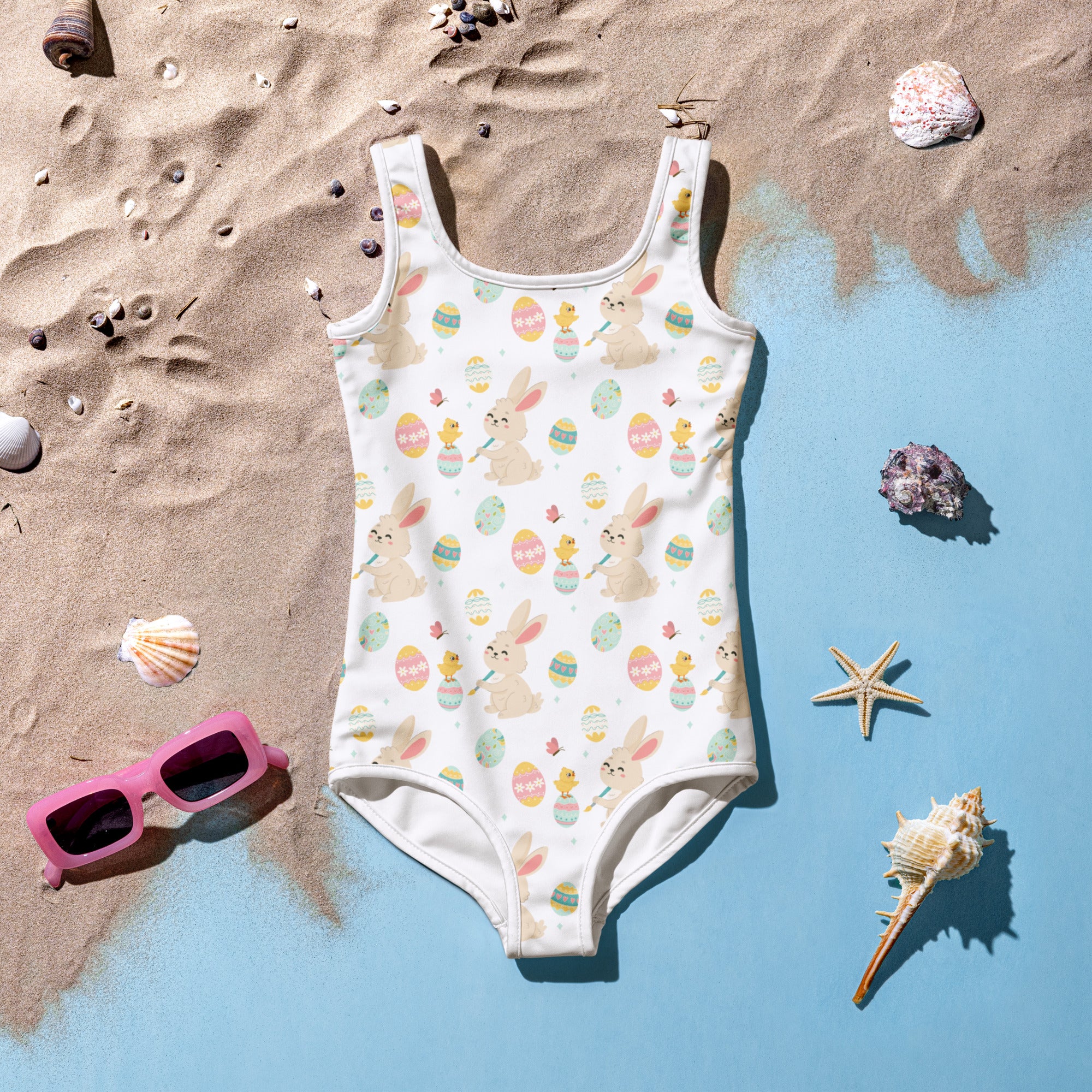 White girls one-piece swimsuit with pastel bunny and egg pattern buttery soft fabric UPF 50 plus double layered front