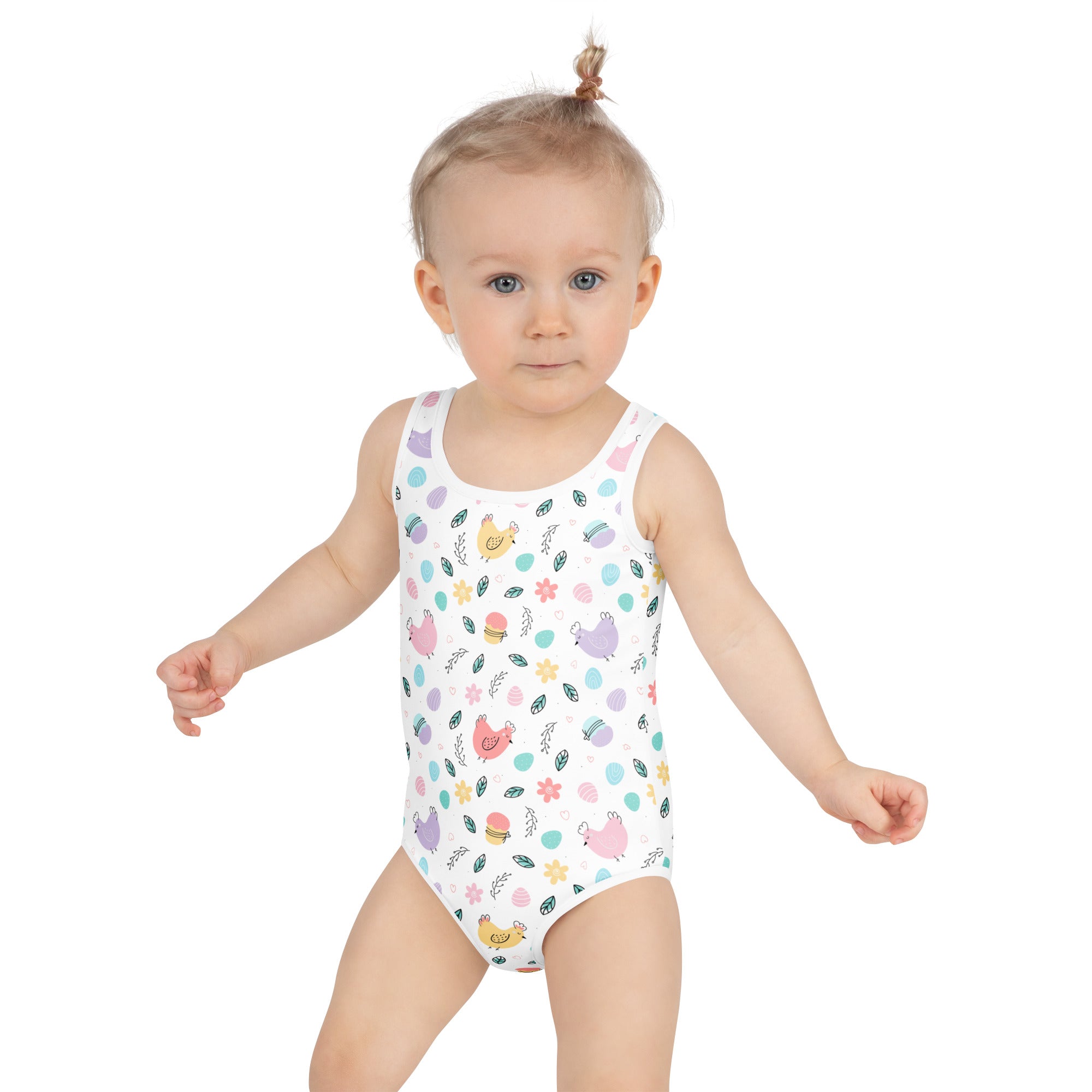 White girls one-piece pastel chick easter swimsuit with buttery soft fabric upf 50 plus double layered front