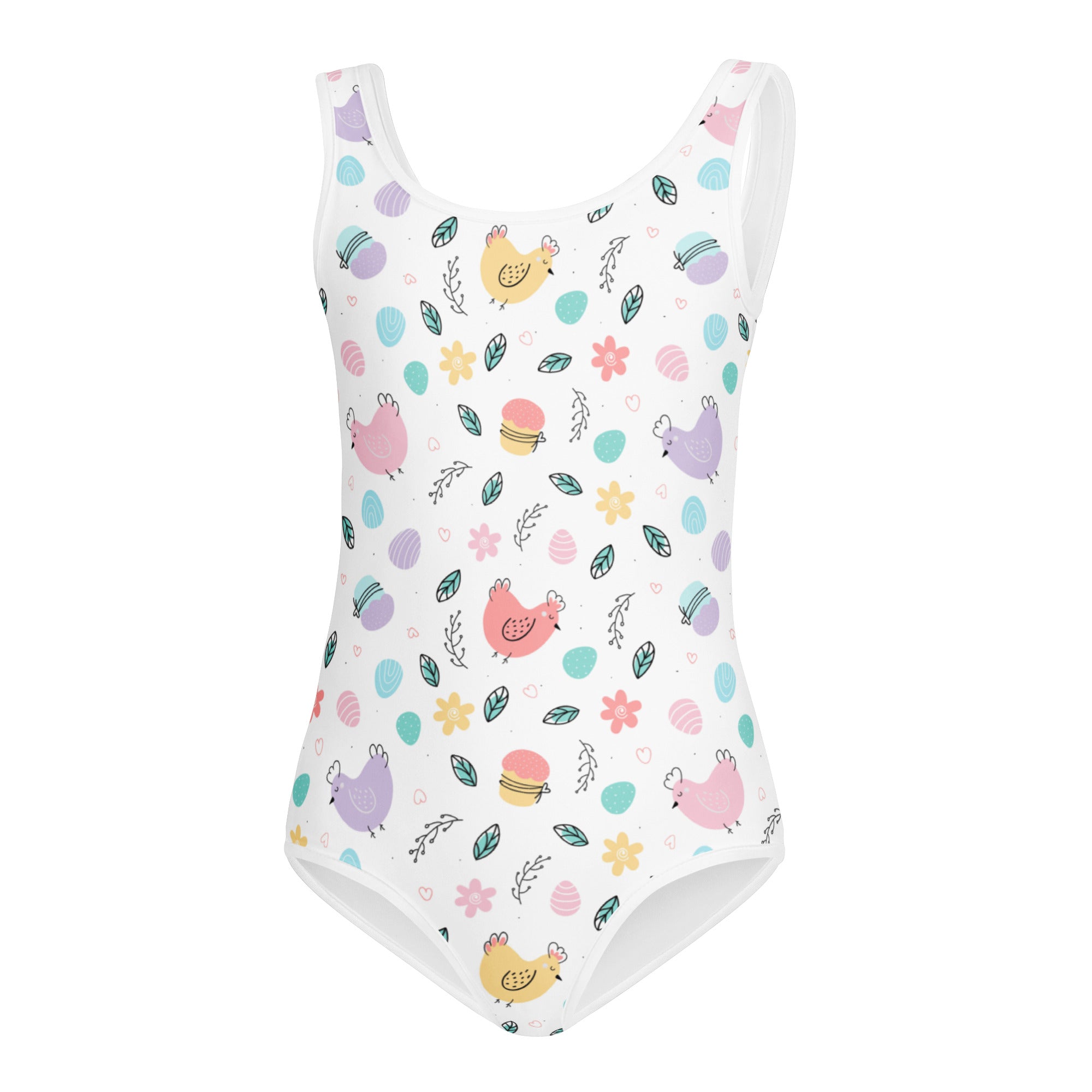 White one-piece girls leotard with pastel chicks and eggs pattern buttery soft quick drying for dance and gymnastics