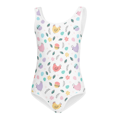 White one-piece girls leotard with pastel chicks and eggs pattern buttery soft quick drying for dance and gymnastics