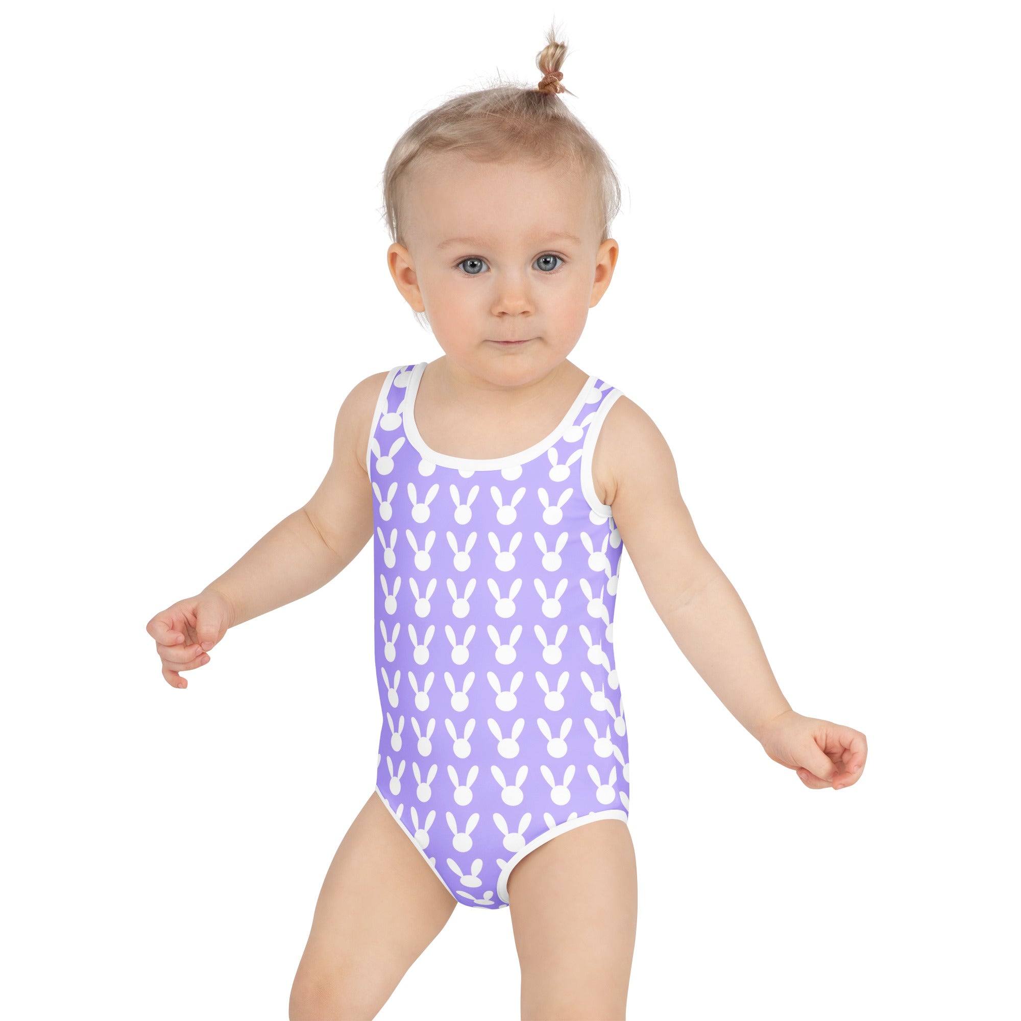 Girls purple bunny Easter buttery soft one-piece swimsuit with white trim and UPF 50+ double layered front protection