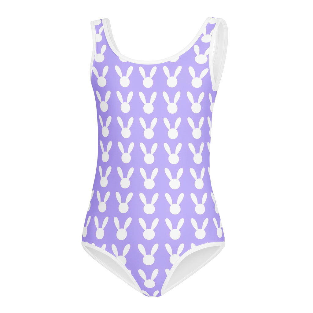 Girls purple bunny silhouette buttery soft quick drying leotard featuring a lavender one-piece with white trim and print