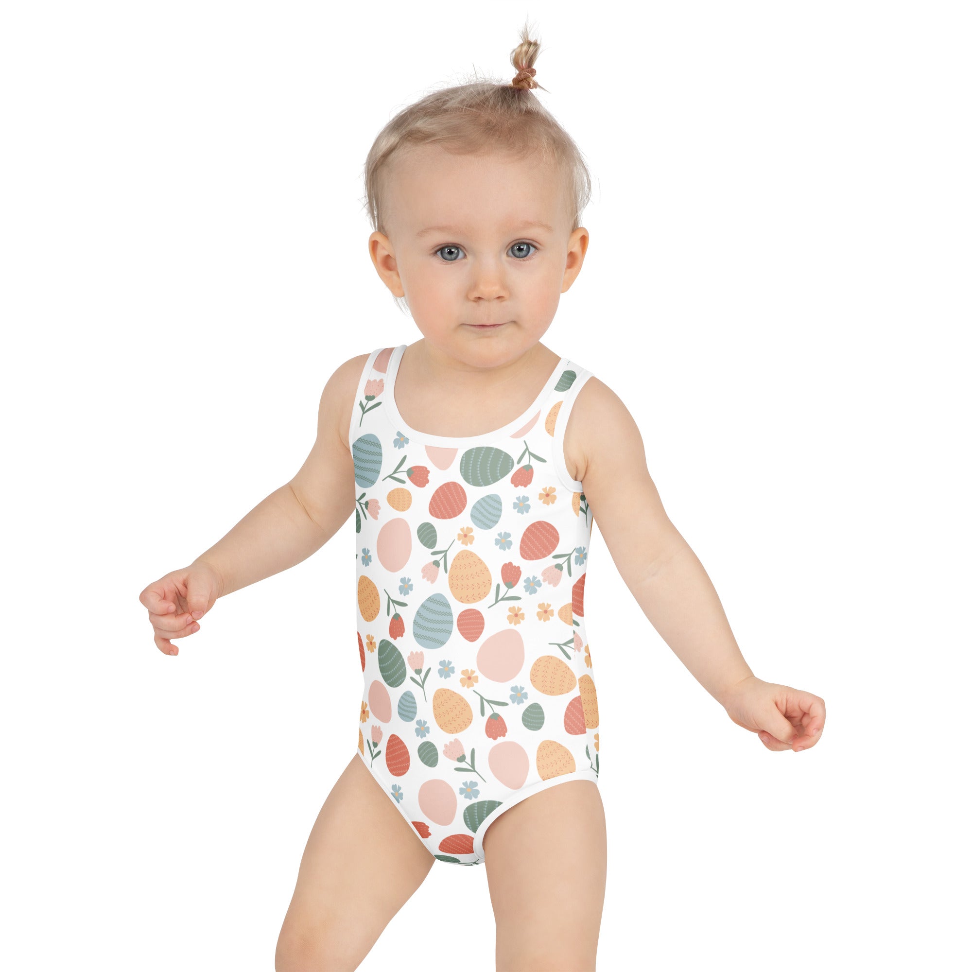 Girls pastel easter egg pattern buttery soft white one-piece swimsuit with upf 50 double layered front