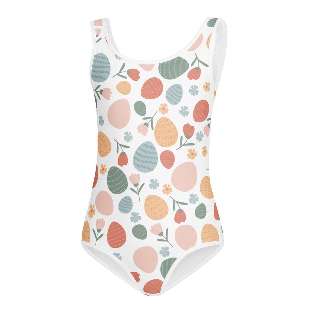 Girls vintage Easter egg buttery soft white leotard with pastel floral pattern quick drying for dance and gymnastics
