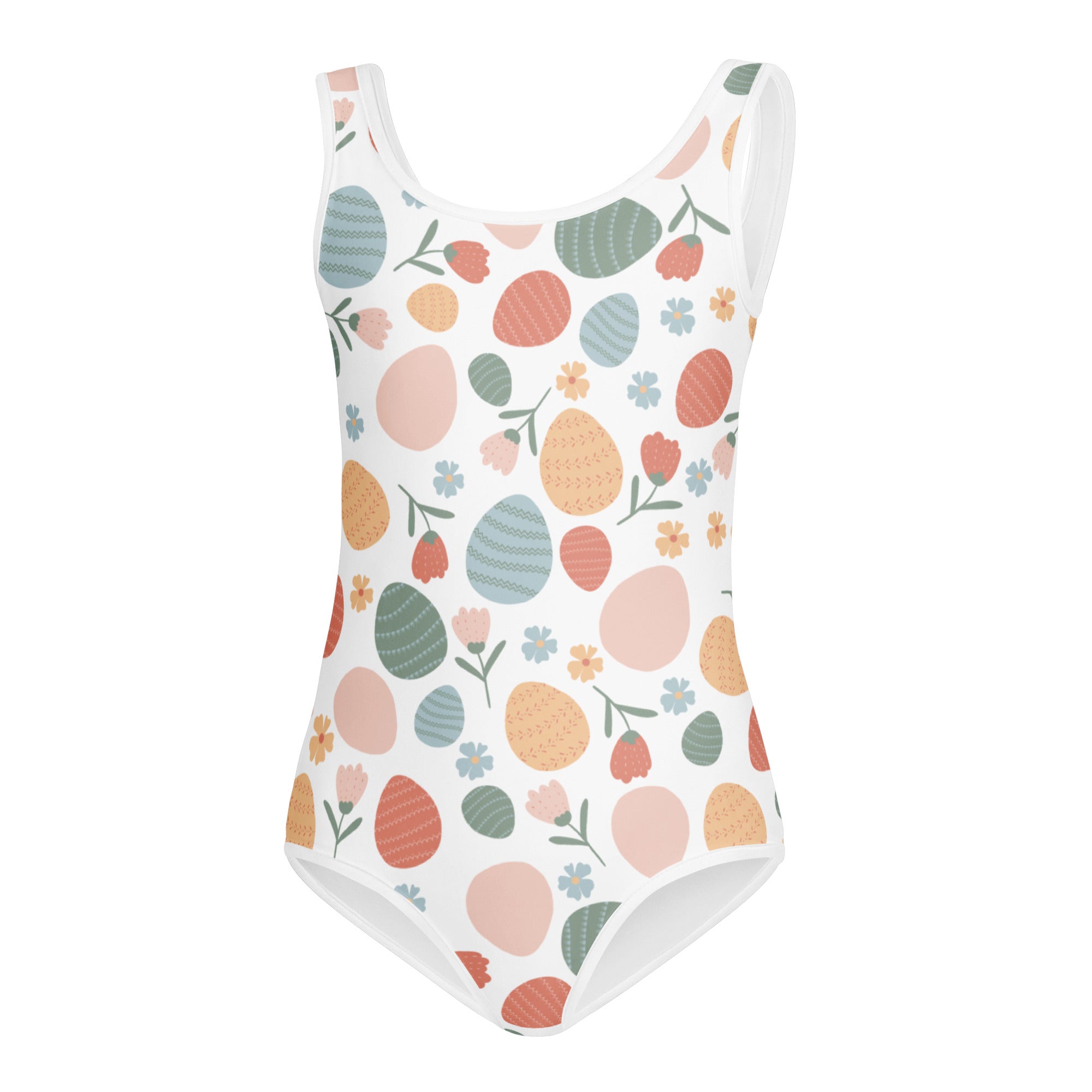 Girls vintage Easter egg buttery soft white leotard with pastel floral pattern quick drying for dance and gymnastics
