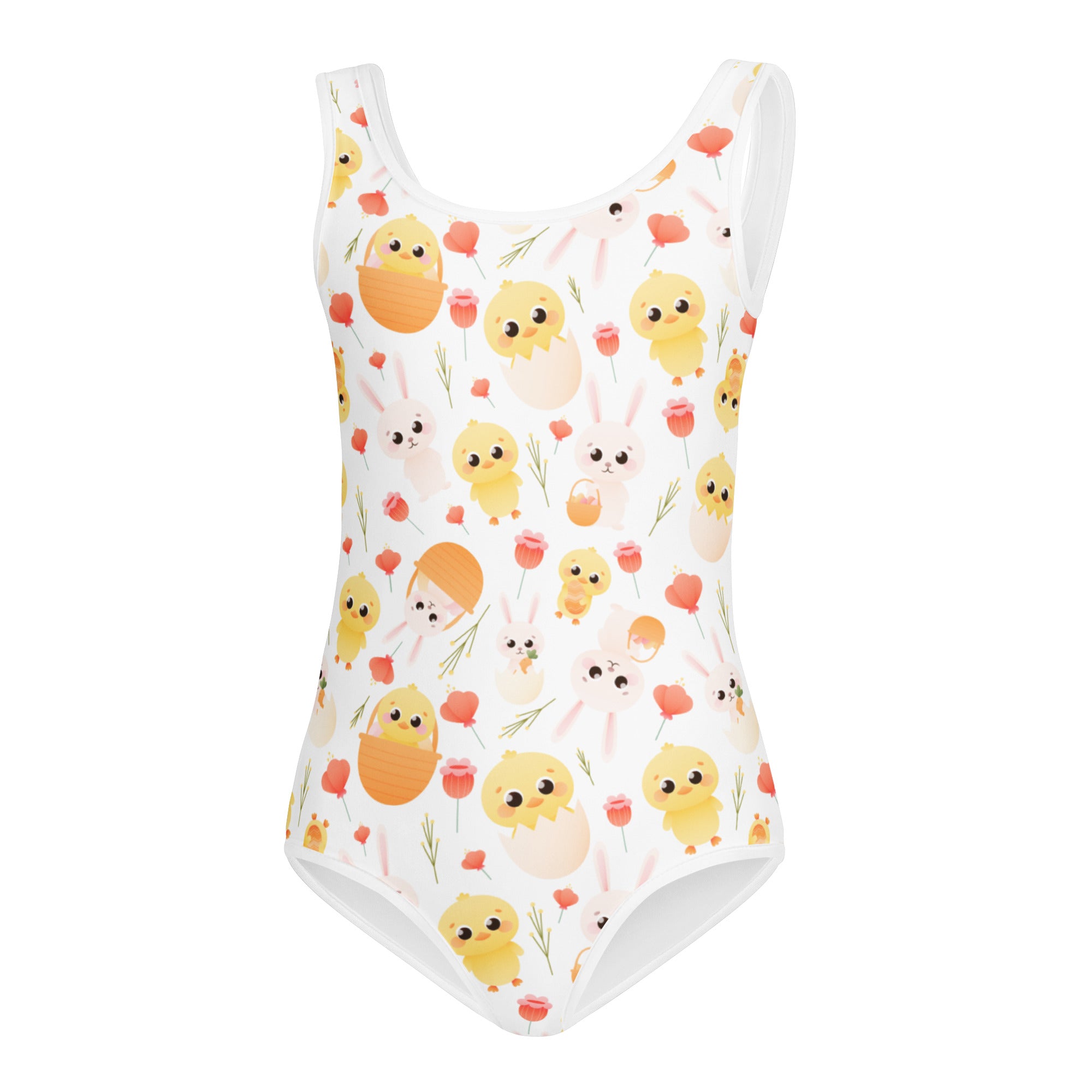 White one-piece girls leotard with yellow chicks pink tulips and white bunnies pattern quick drying buttery soft for dance and gymnastics