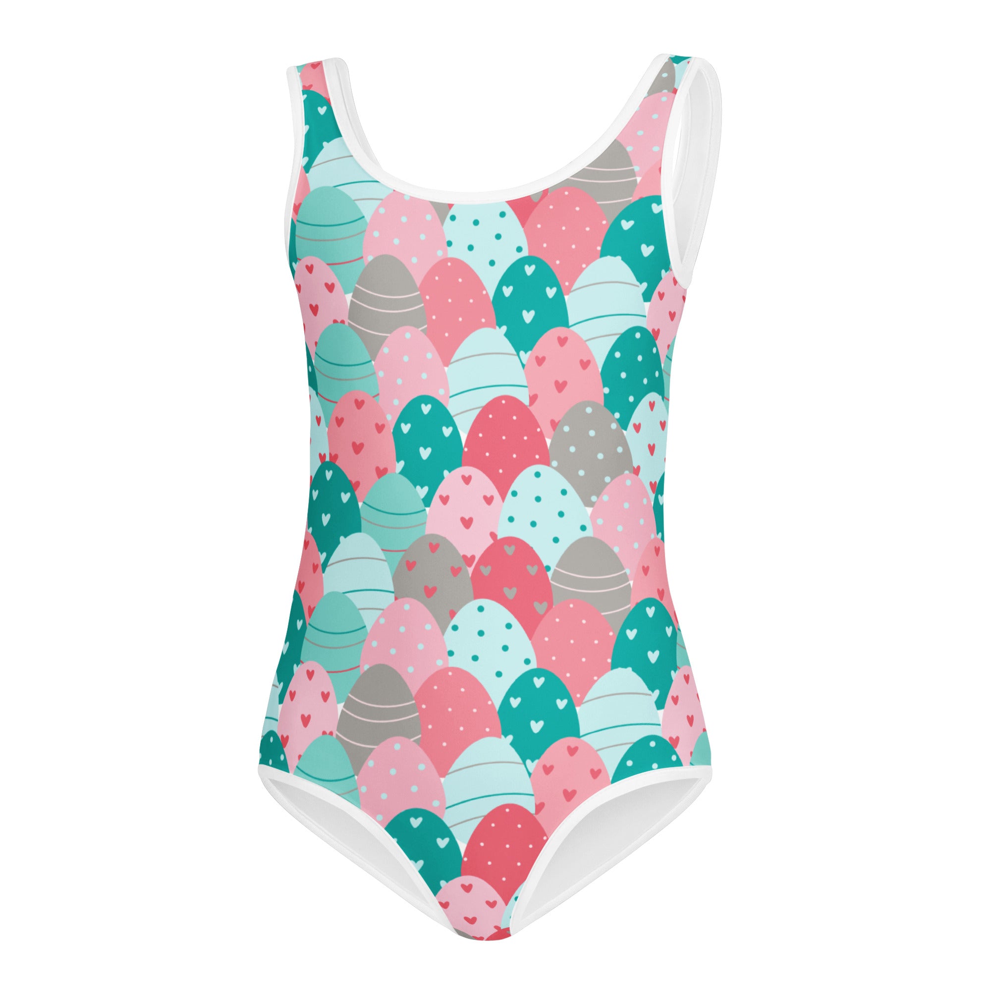 Girls easter egg pattern buttery soft leotard with pastel eggs and hearts in pink teal and gray for dance and gymnastics