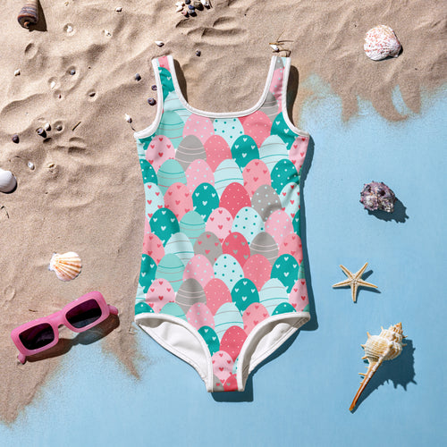 Girls Easter eggs buttery soft one-piece swimsuit with playful pink teal and gray mermaid scales and UPF 50+ protection