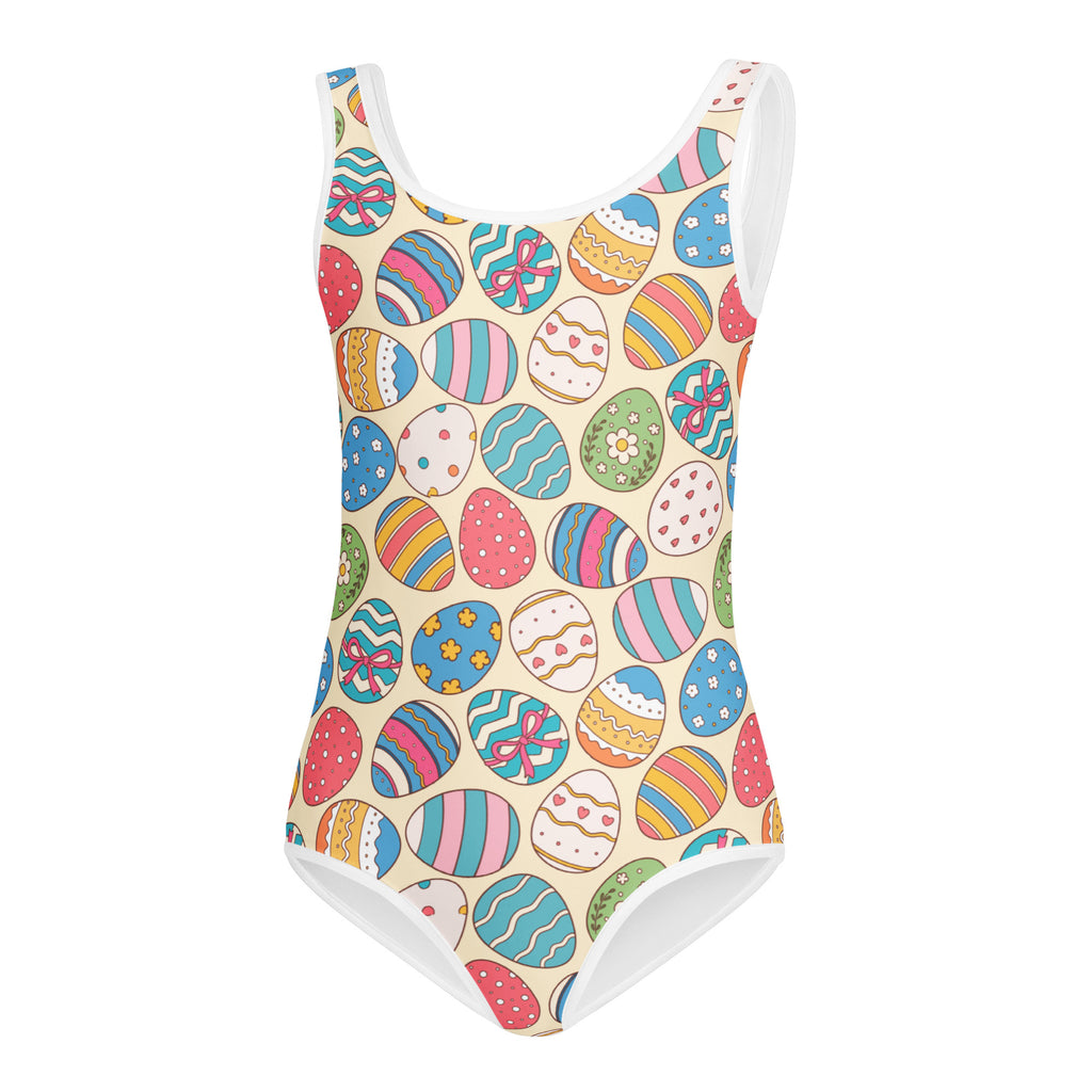 Girls bright patterned easter egg buttery soft leotard with colorful cartoon eggs on cream quick drying for dance and gymnastics