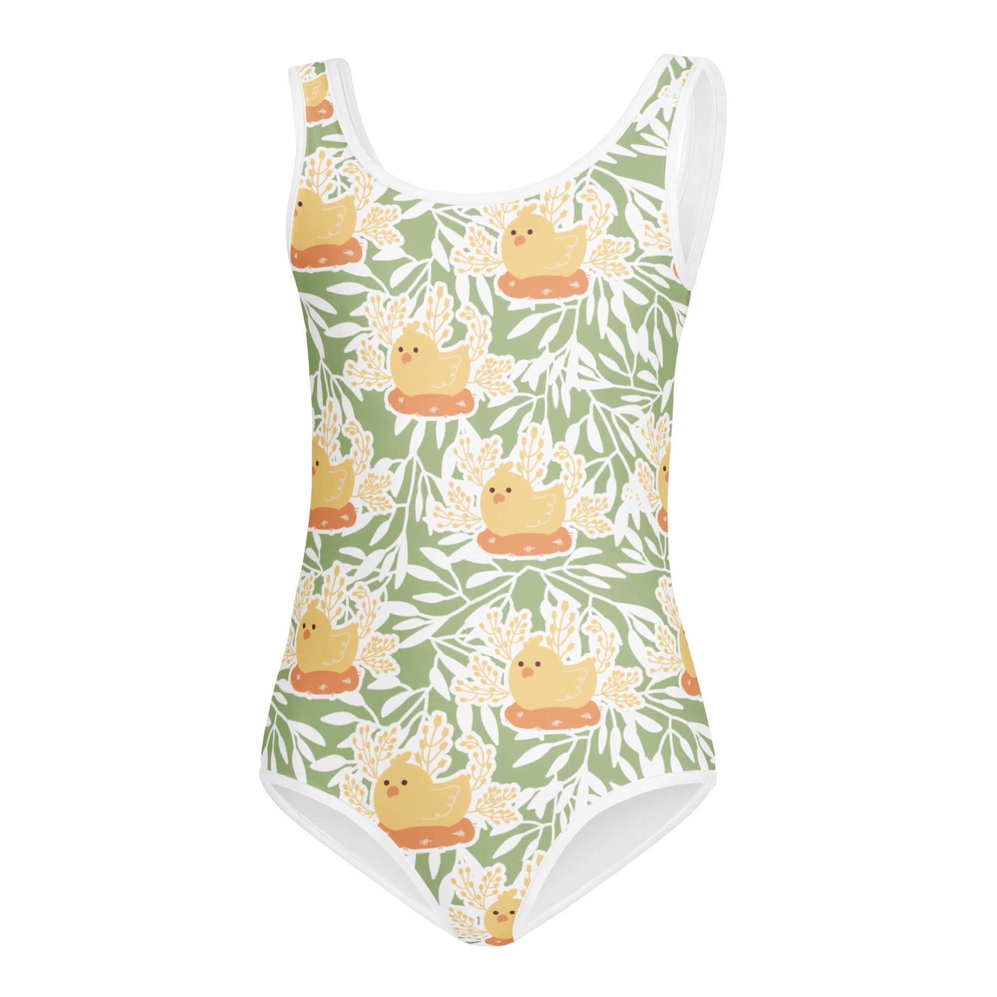 Girls chick nest buttery soft one-piece swimsuit with yellow chick pattern on orange nests and white trim for dance and gymnastics