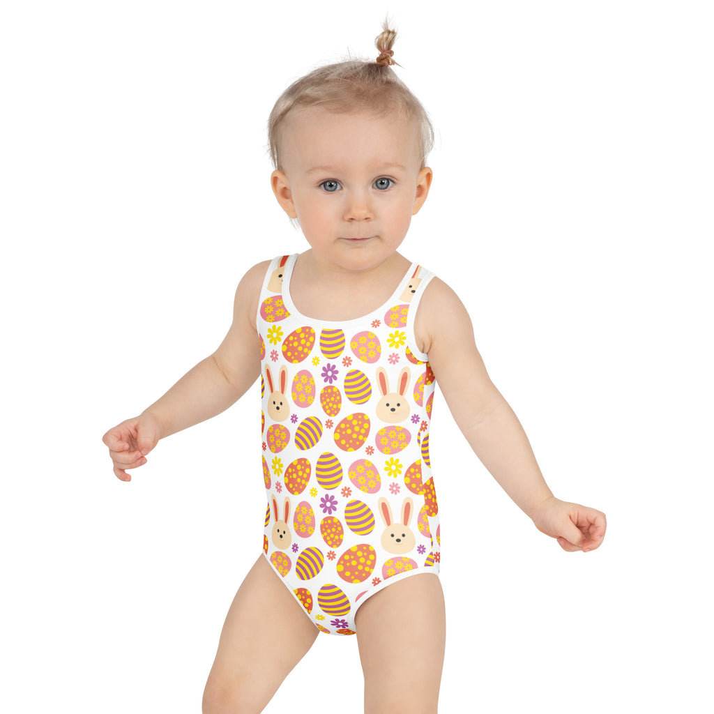 Girls white one-piece swimsuit with colorful easter egg bunny floral print buttery soft upf 50 plus double layered front