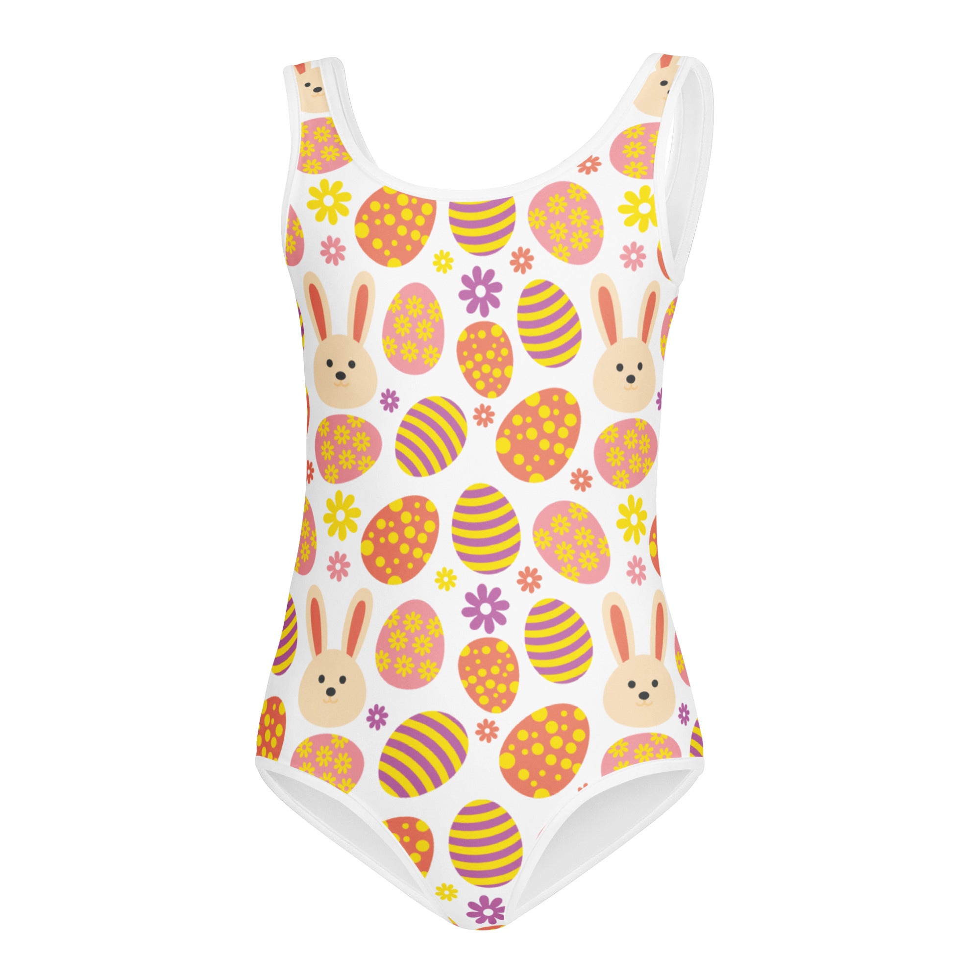A white buttery soft girls one-piece swimsuit with playful bunny and colorful Easter egg pattern for dance and gymnastics