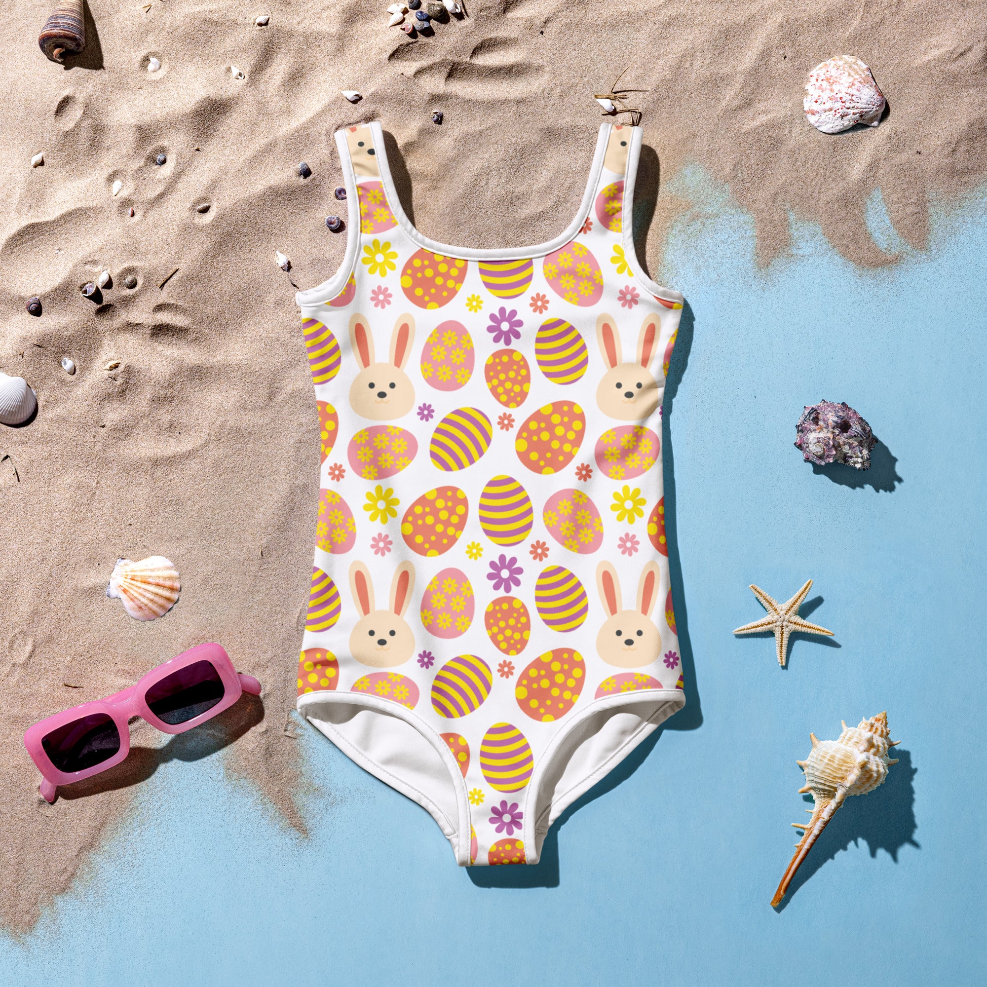 Girls colorful white one-piece swimsuit with orange yellow easter eggs bunny faces purple flowers buttery soft fabric upf 50+