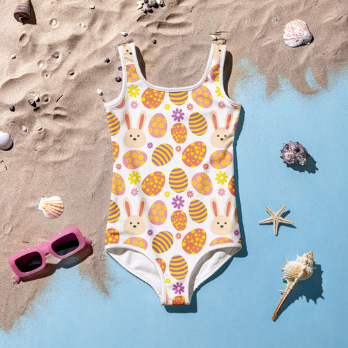 Girls colorful white one-piece swimsuit with orange yellow easter eggs bunny faces purple flowers buttery soft fabric upf 50+
