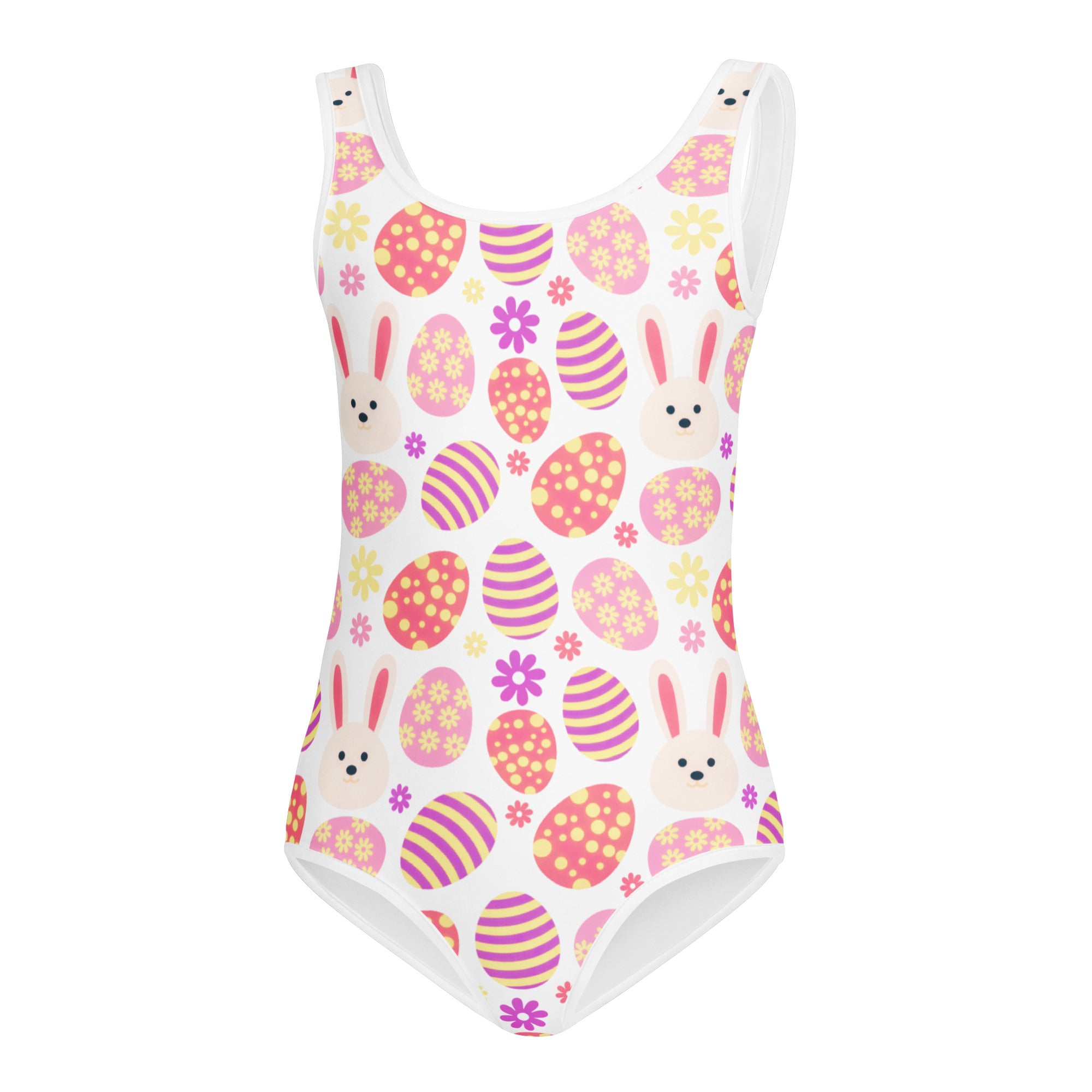 Girls pastel bunny and easter egg buttery soft white leotard with pink purple eggs and flowers for dance and gymnastics