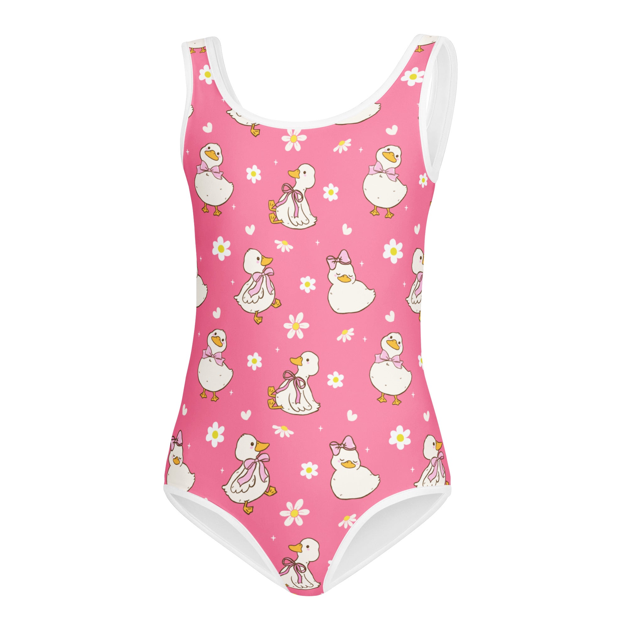 Girls pink duck buttery soft leotard with white trim and playful cartoon ducks surrounded by daisies for dance and gymnastics