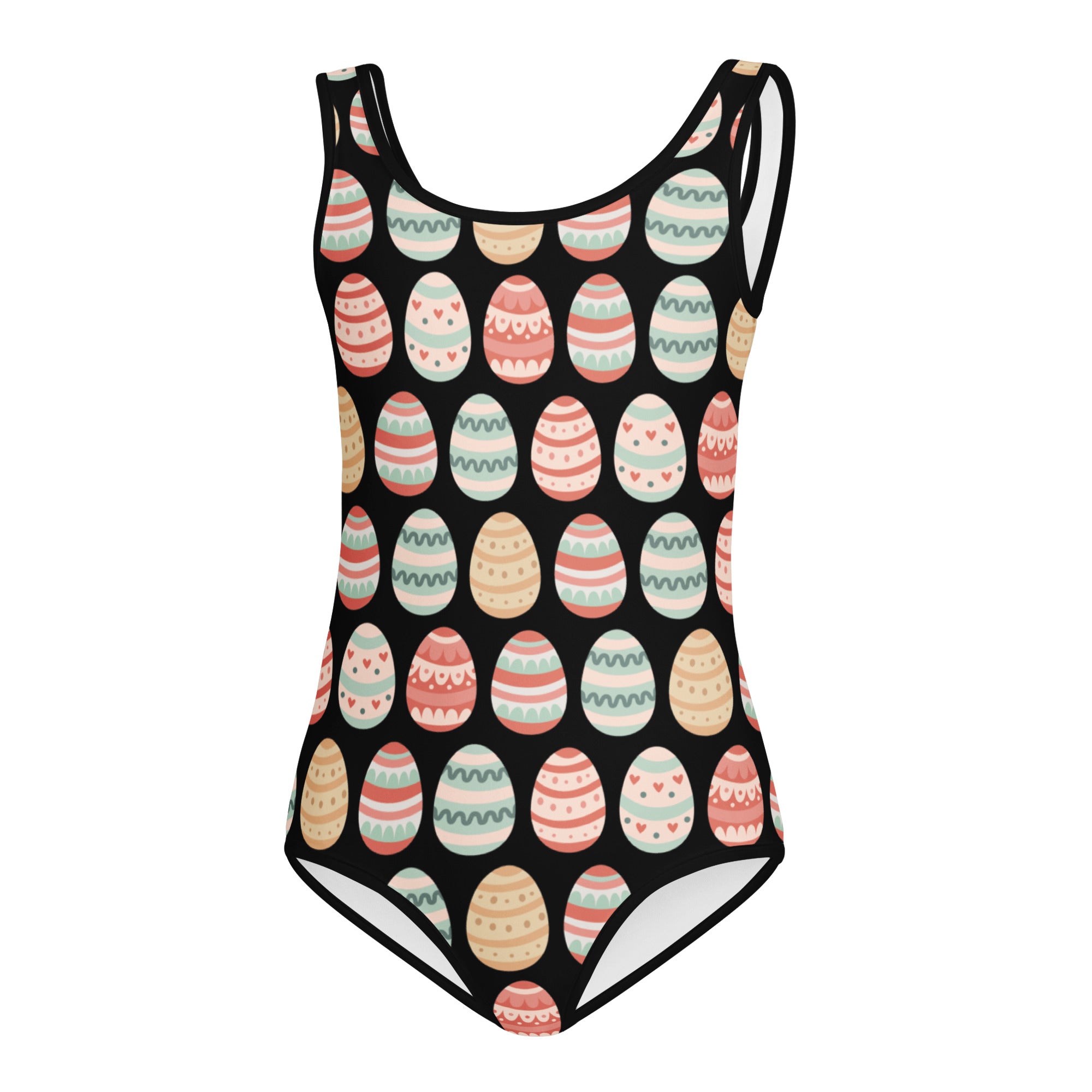 Black one-piece swimsuit with colorful pastel easter egg pattern in pink mint green and beige quick drying for dance