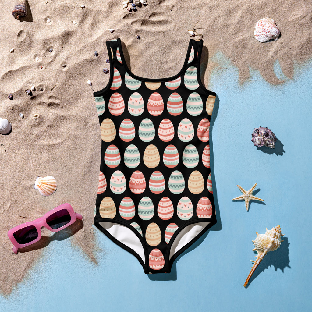 Black girls one-piece swimsuit with pastel easter egg pattern buttery soft fabric upf 50 plus double layered front