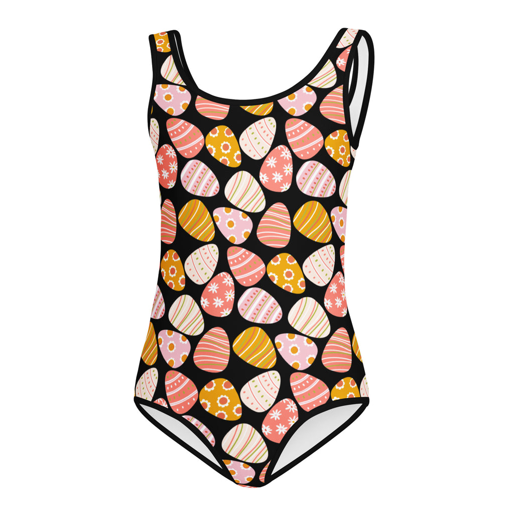 Girls pink easter eggs buttery soft black one-piece swimsuit with pastel egg pattern quick drying for dance and gymnastics