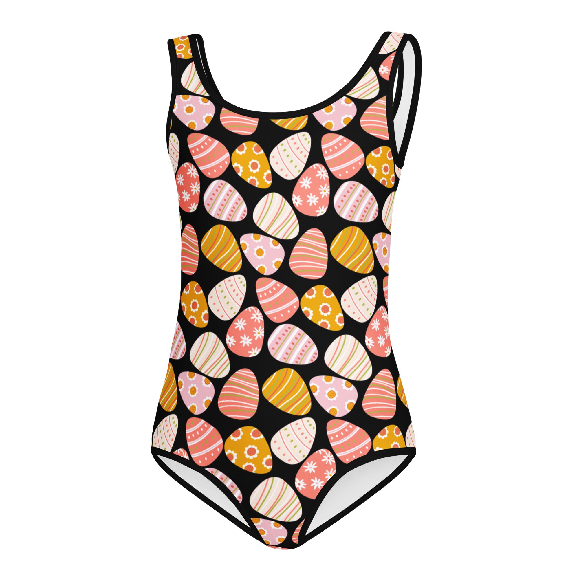 Girls pink easter eggs buttery soft black one-piece swimsuit with pastel egg pattern quick drying for dance and gymnastics