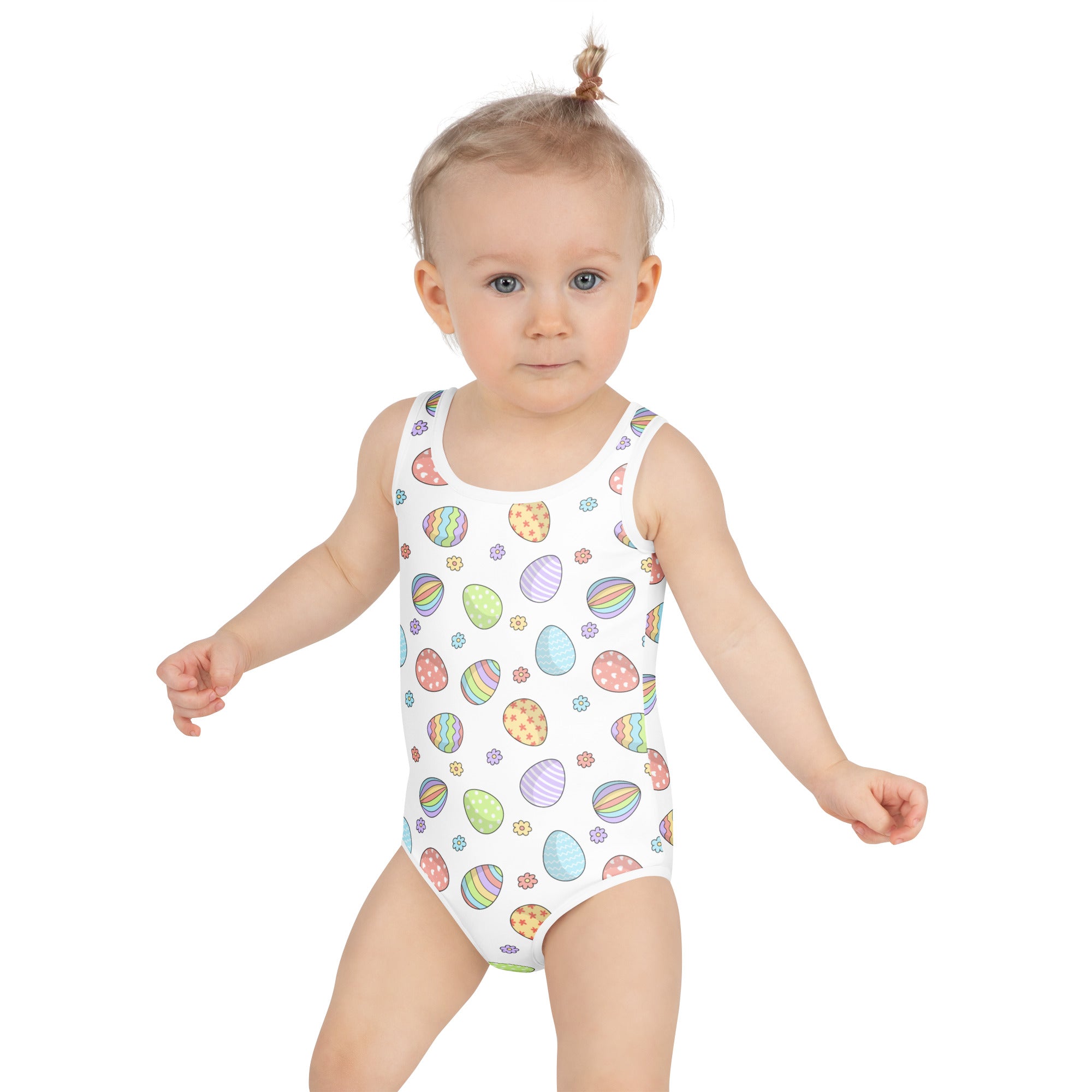 White one-piece girls swimsuit with colorful easter egg and flower pattern buttery soft fabric upf 50 plus double layered front
