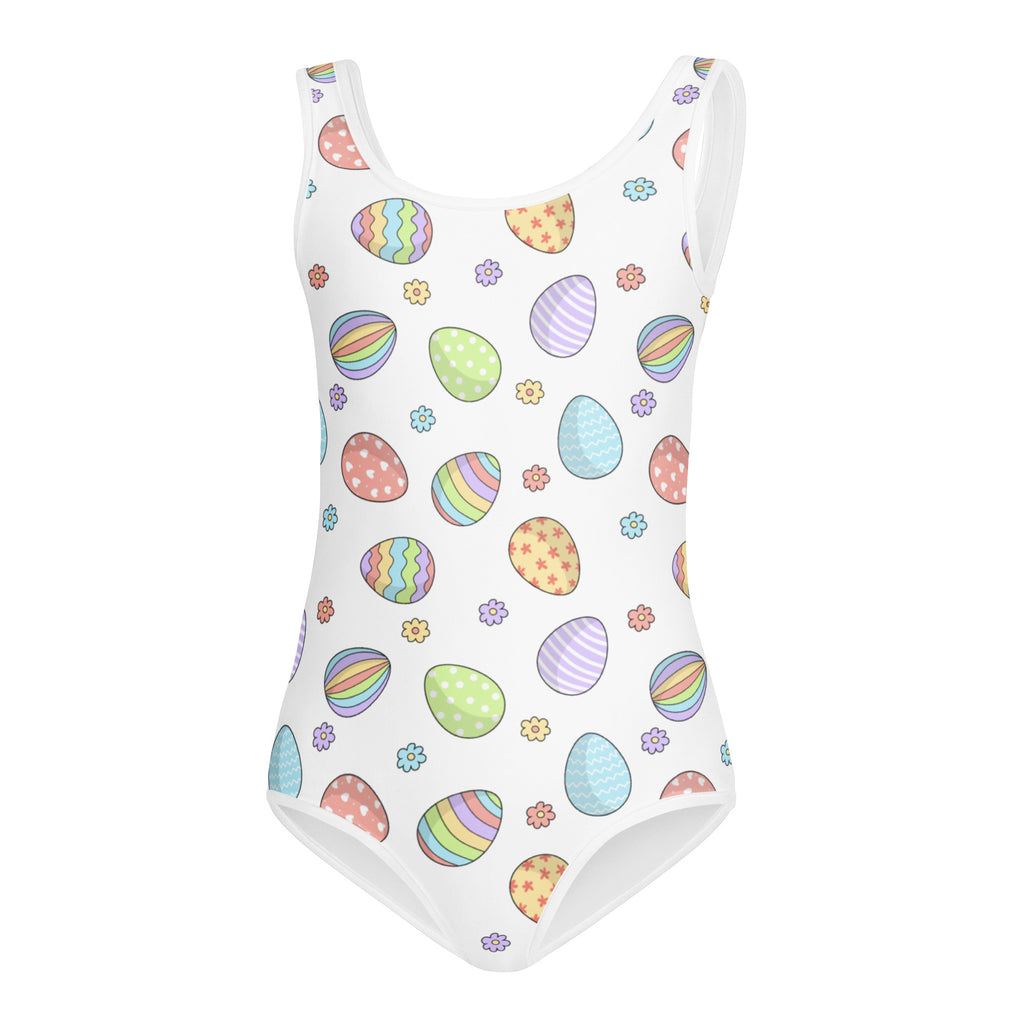 White one-piece leotard with colorful pastel easter eggs and flowers made from buttery soft quick-dry fabric for girls