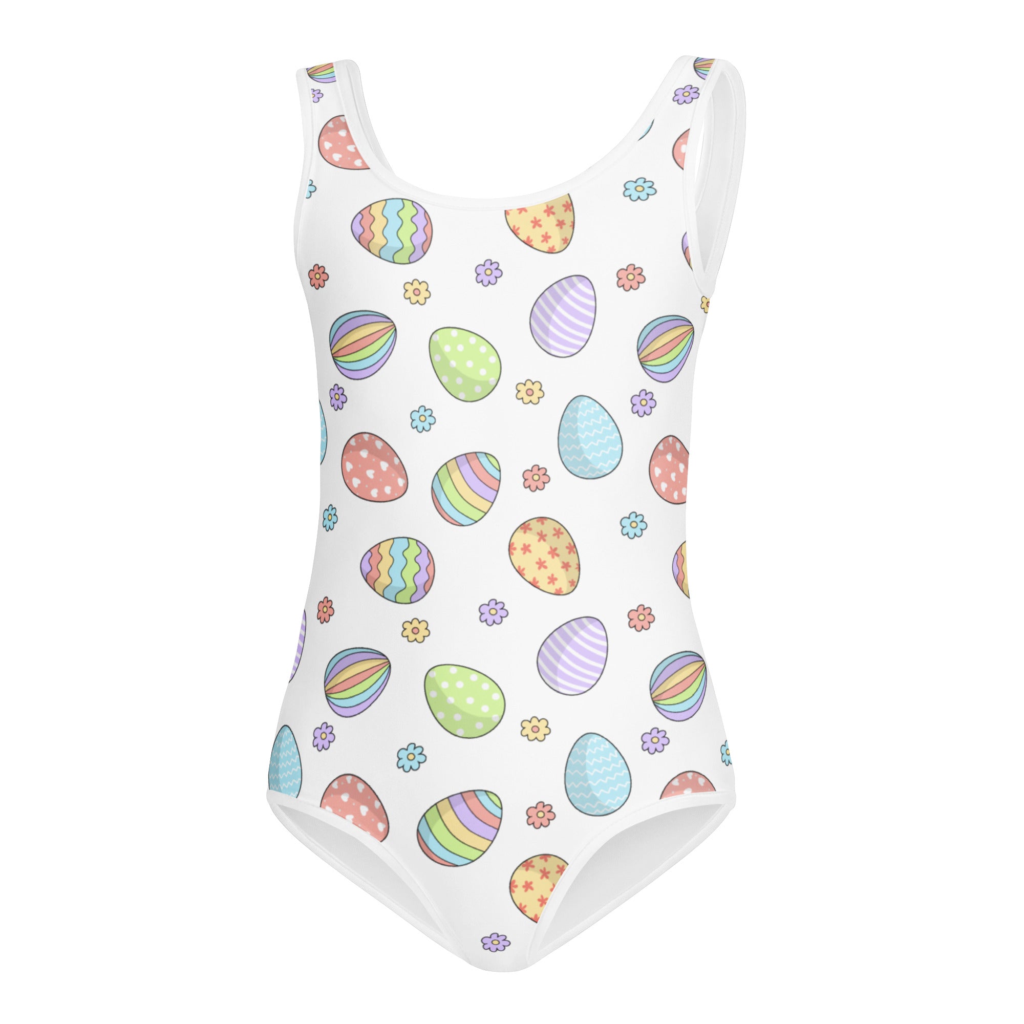 White one-piece leotard with colorful pastel easter eggs and flowers made from buttery soft quick-dry fabric for girls