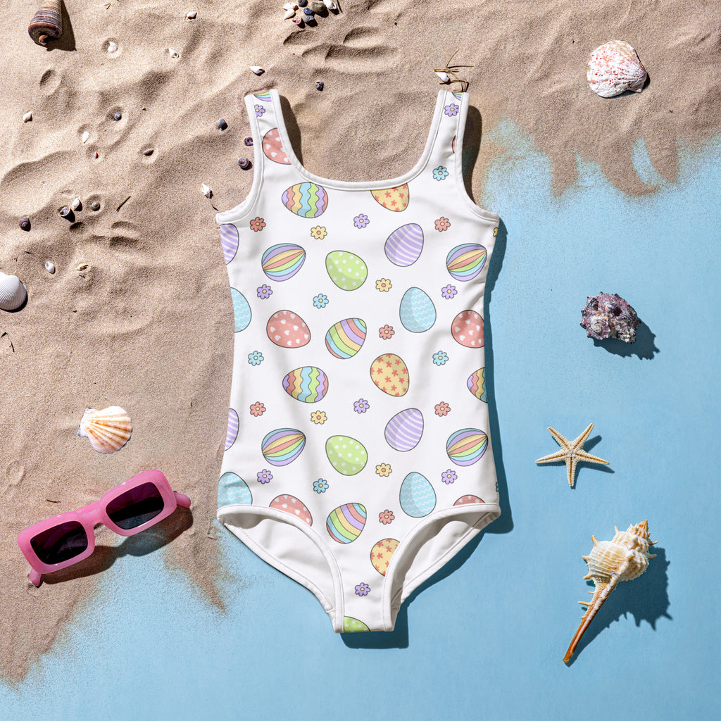 White girls one-piece swimsuit with pastel rainbow easter eggs and flowers buttery soft fabric upf 50+ double layered front