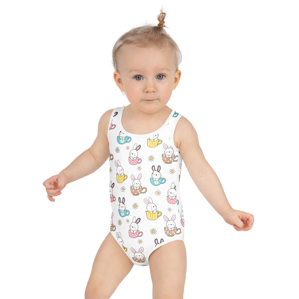 White girls bunny teacup easter buttery soft swimsuit with colorful cartoon bunnies and upf 50 plus double layered front