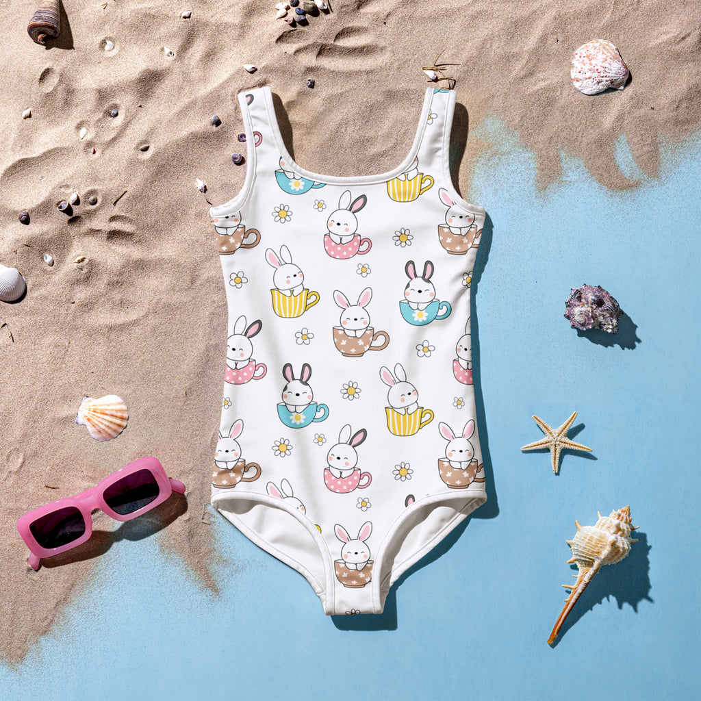 White girls bunny teacup easter buttery soft one-piece swimsuit with playful pattern and upf 50 plus protection