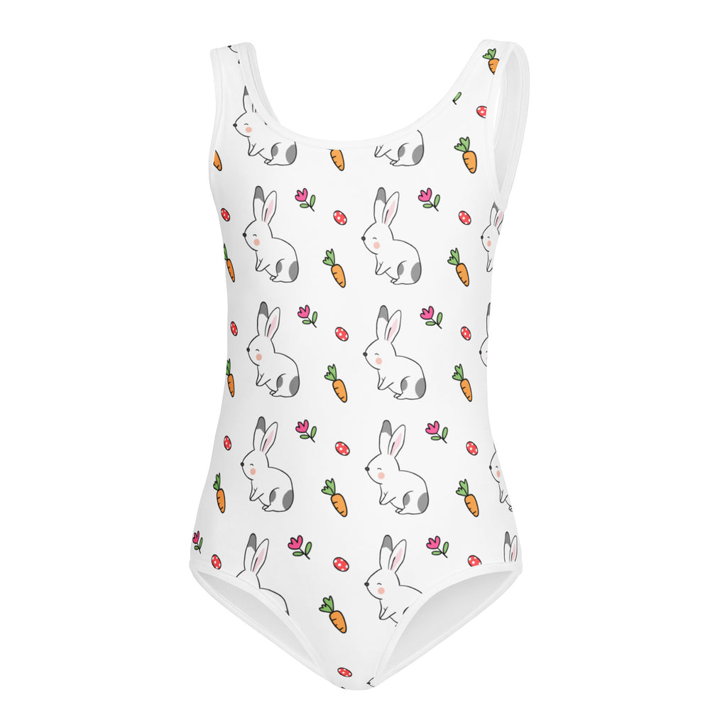 White girls one-piece leotard with bunny carrot floral pattern made of buttery soft quick-drying fabric for dance and gymnastics