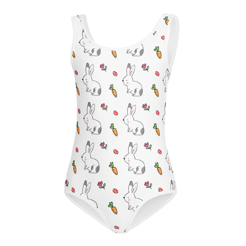 White girls one-piece leotard with bunny carrot floral pattern made of buttery soft quick-drying fabric for dance and gymnastics
