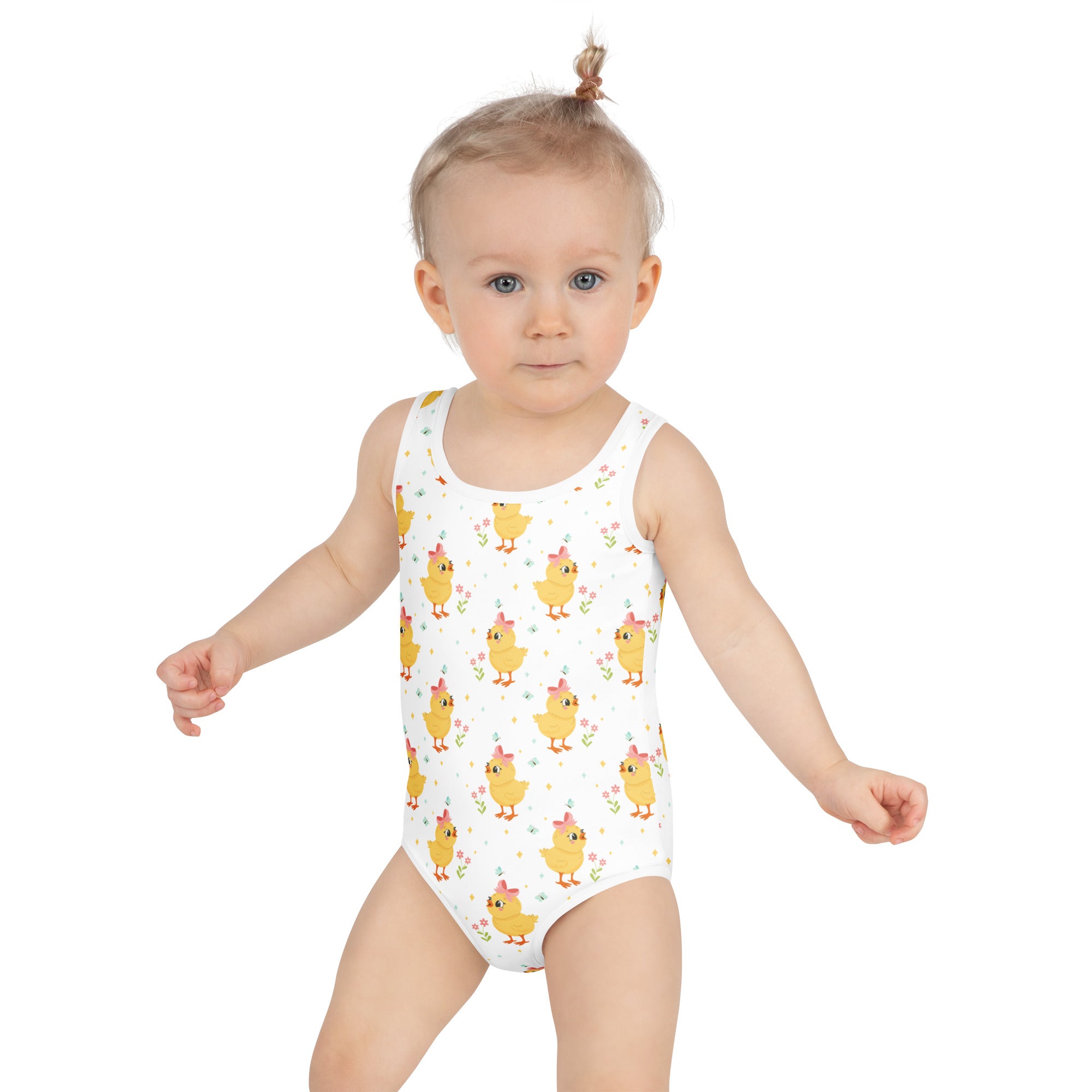 White girls one-piece swimsuit with yellow chick and floral pattern buttery soft fabric and upf 50 plus protection