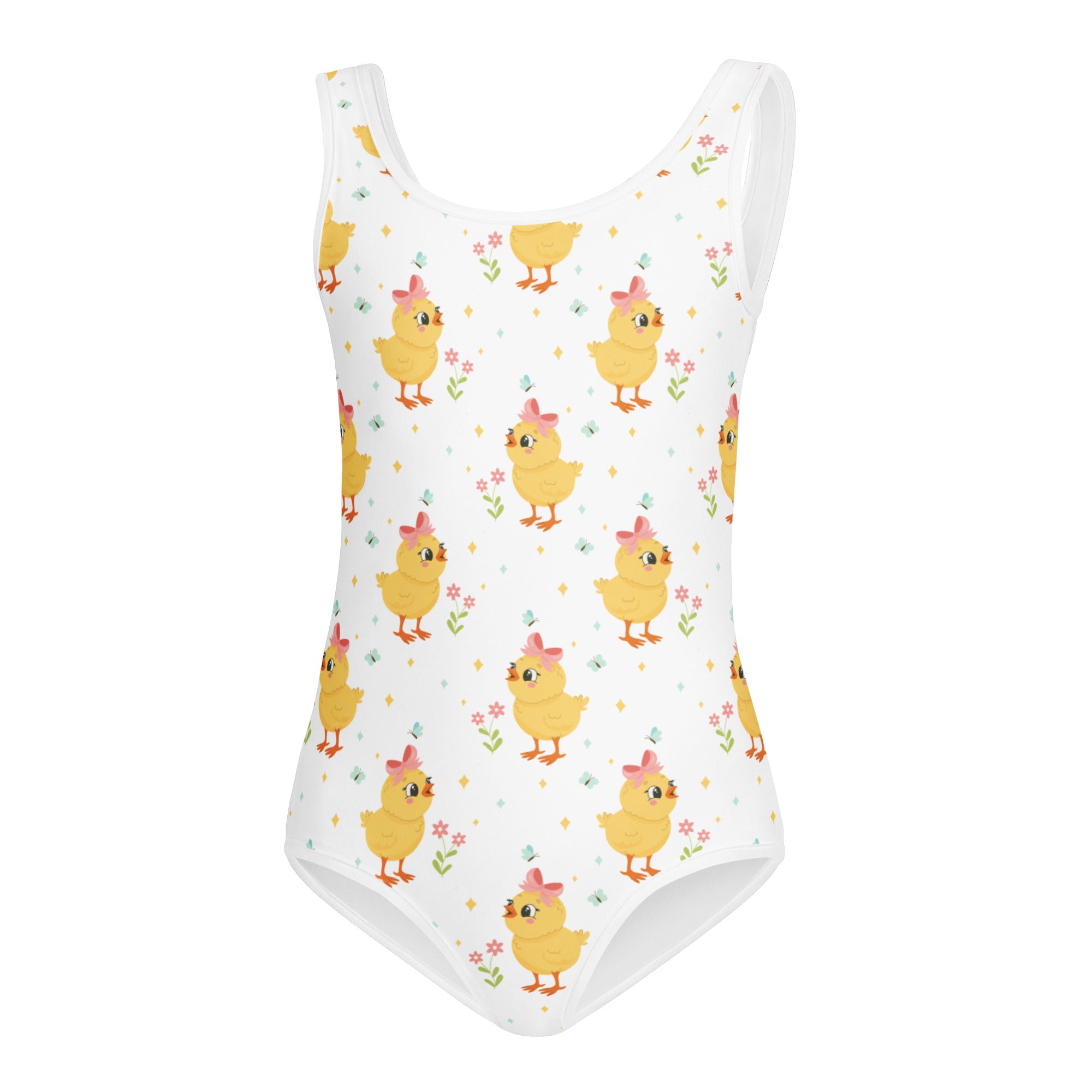 White one-piece swimsuit with yellow chicks pink bows and flowers buttery soft quick-drying for dance and gymnastics