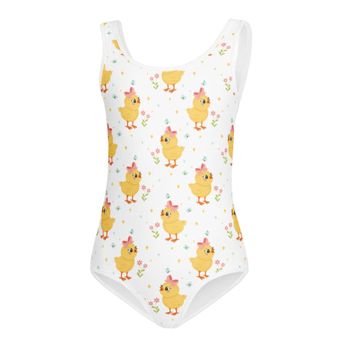 White one-piece swimsuit with yellow chicks pink bows and flowers buttery soft quick-drying for dance and gymnastics