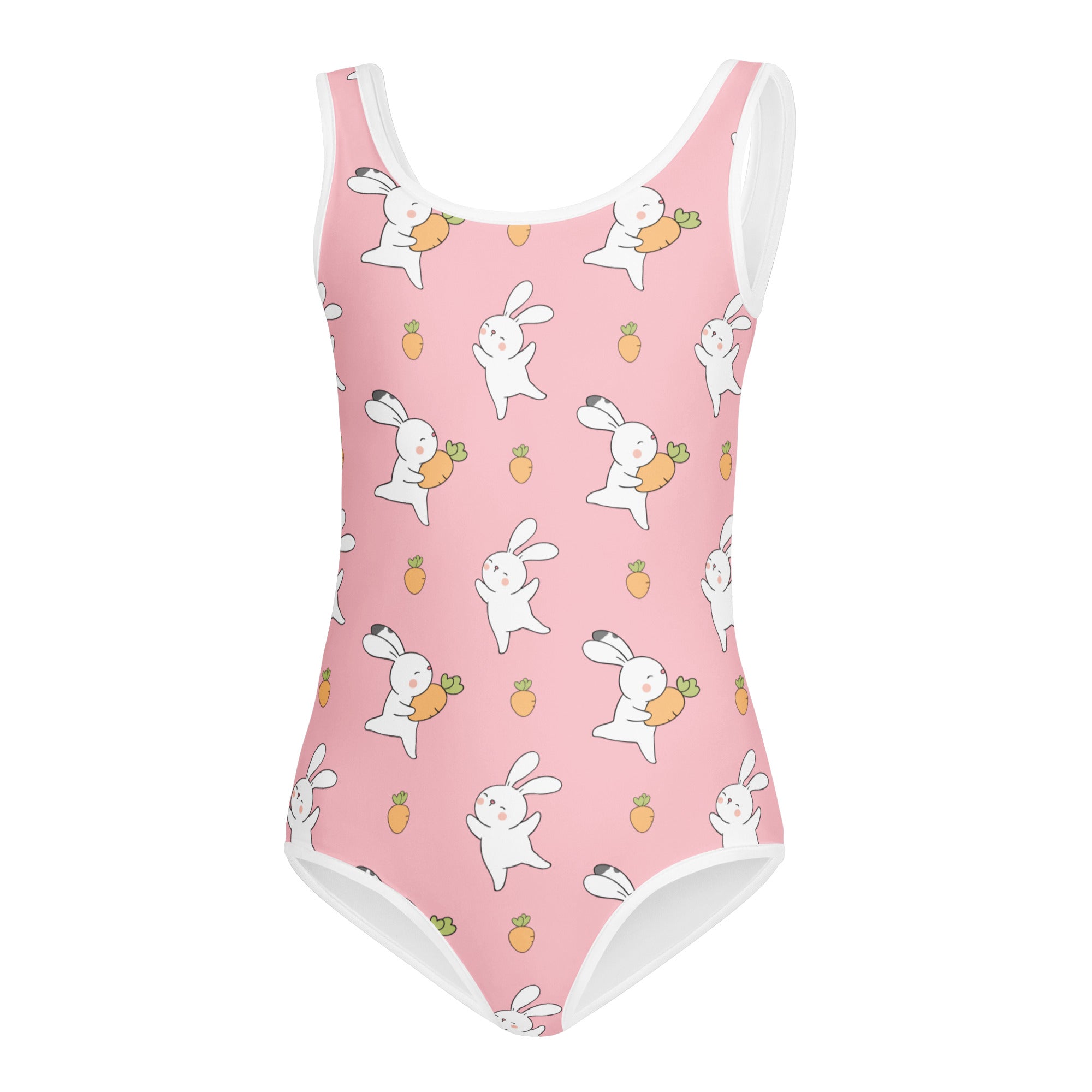Pink girls bunny with carrot buttery soft leotard with white cartoon bunnies and quick drying fabric for dance and gymnastics