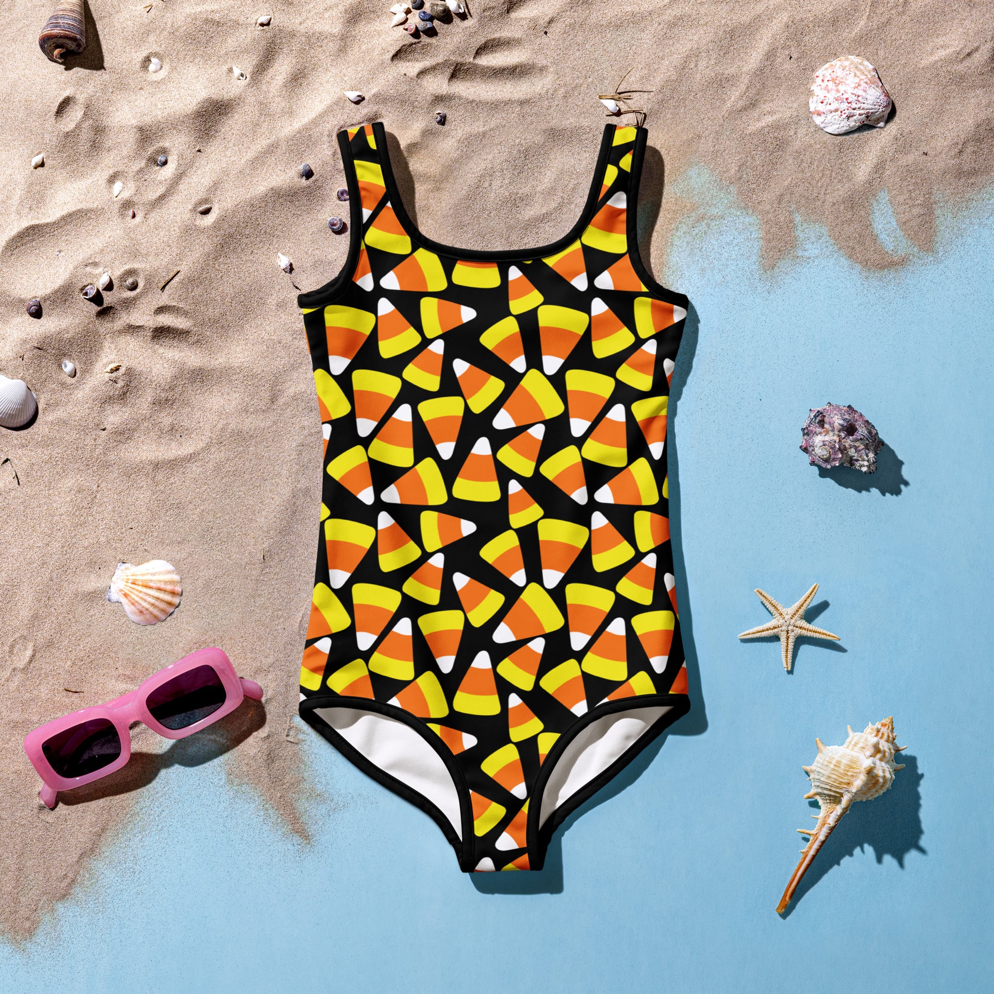 Girls Candy Corn Halloween One Piece Swimsuit – Buttery Soft UPF 50+ Sun Protection, Quick Dry, Double Layered Front & 4-Way Stretch