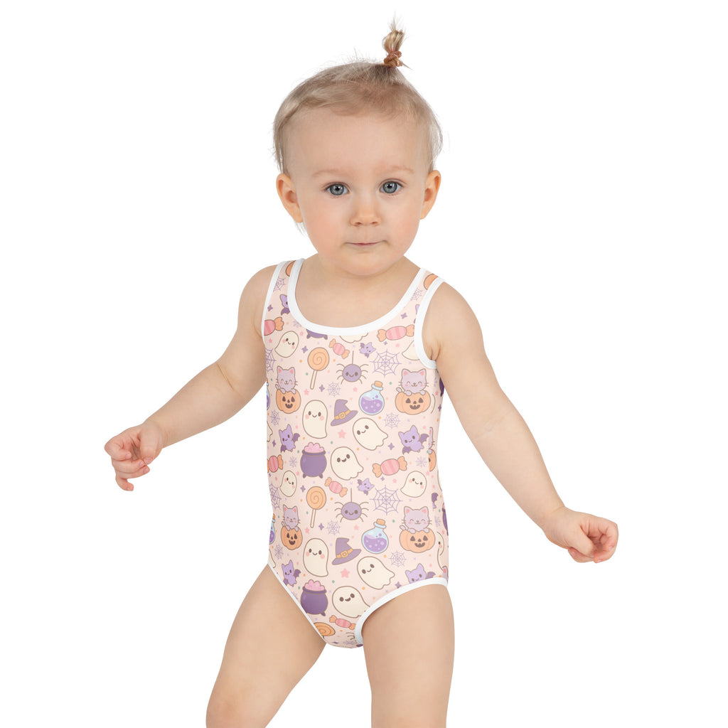 Girls Pastel Halloween One Piece Swimsuit – Buttery Soft UPF 50+ Sun Protection, Quick Dry, Double Layered Front & 4-Way Stretch