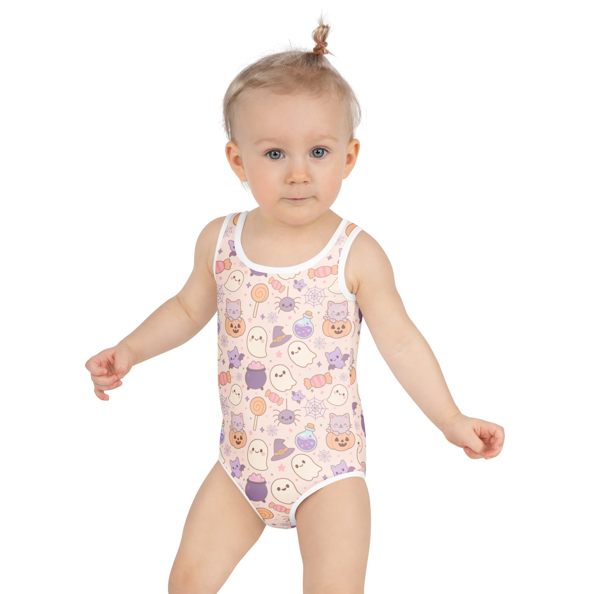 Girls Pastel Halloween One Piece Swimsuit – Buttery Soft UPF 50+ Sun Protection, Quick Dry, Double Layered Front & 4-Way Stretch