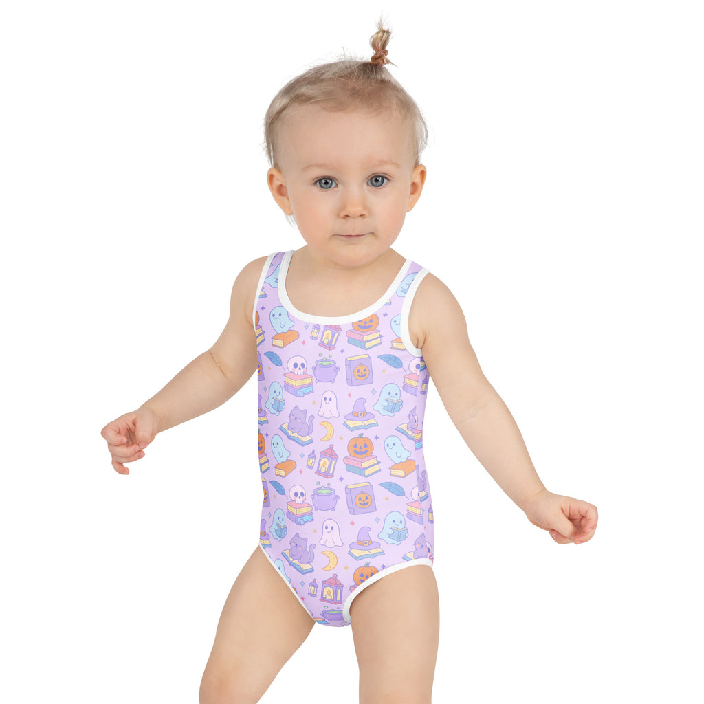 Girls Purple Halloween One Piece Swimsuit – Buttery Soft UPF 50+ Sun Protection, Quick Dry, Double Layered Front & 4-Way Stretch