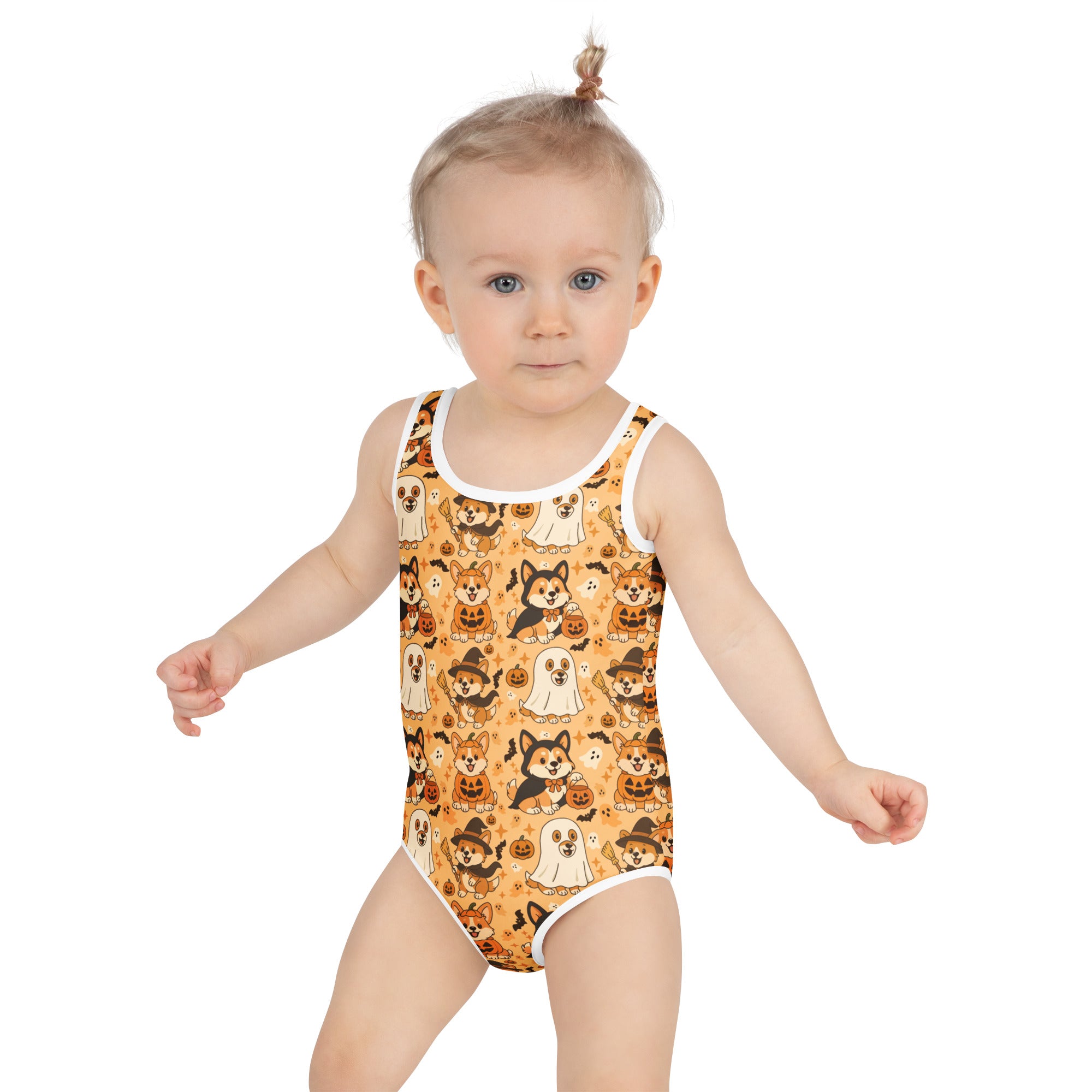 Girls Halloween Corgi Dog One Piece Swimsuit – Buttery Soft UPF 50+ Sun Protection, Quick Dry, Double Layered Front & 4-Way Stretch