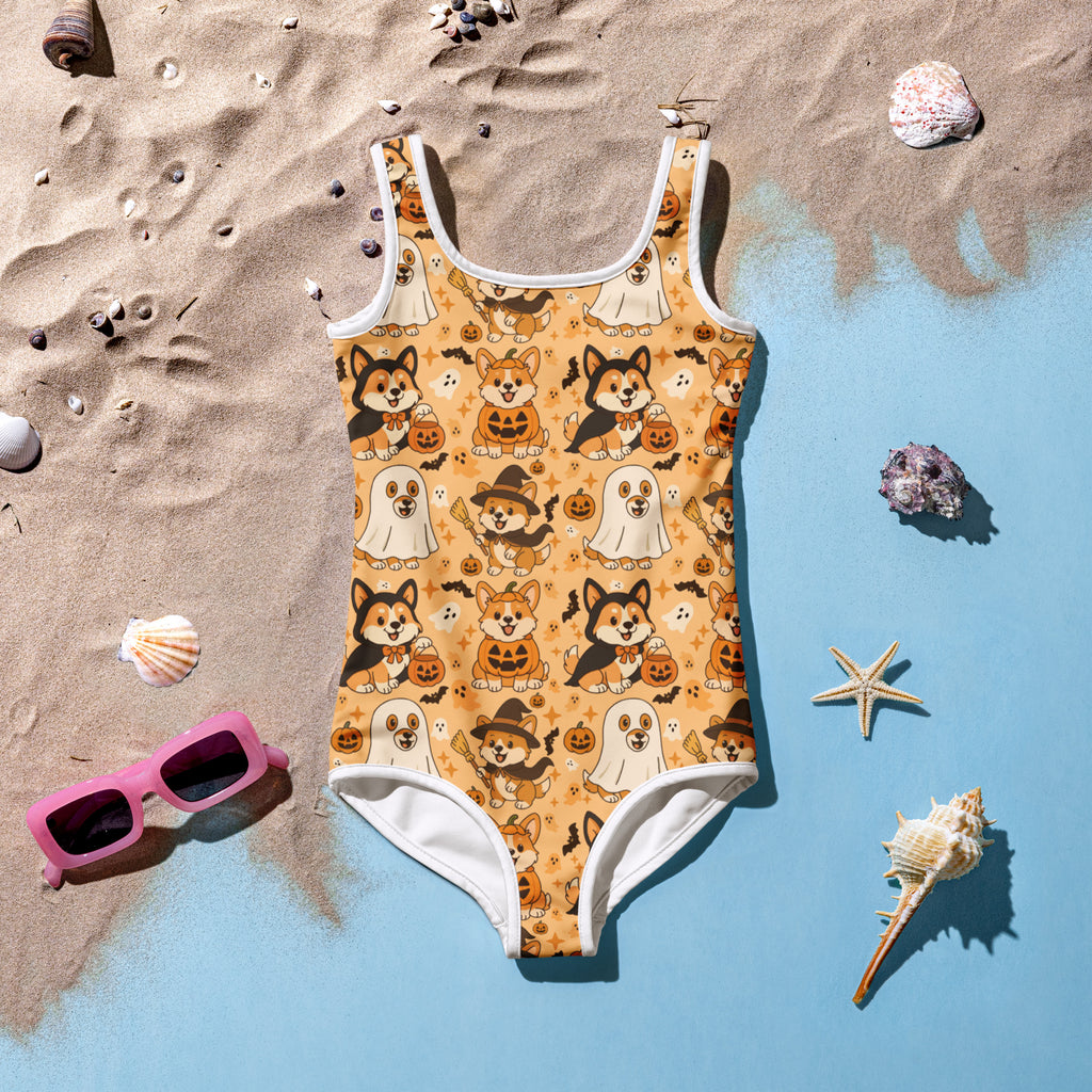 Girls Halloween Corgi Dog One Piece Swimsuit – Buttery Soft UPF 50+ Sun Protection, Quick Dry, Double Layered Front & 4-Way Stretch
