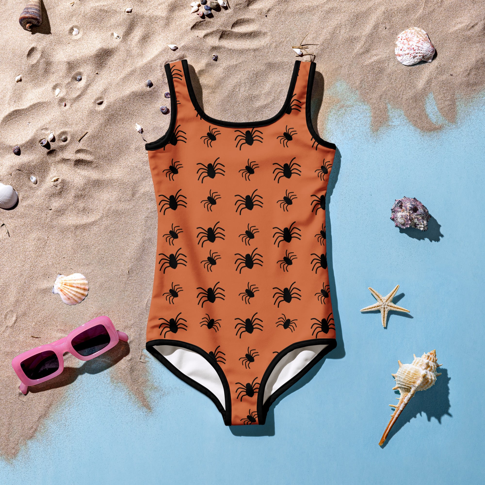 Girls Orange Spider Halloween One Piece Swimsuit – Buttery Soft UPF 50+ Sun Protection, Quick Dry, Double Layered Front & 4-Way Stretch