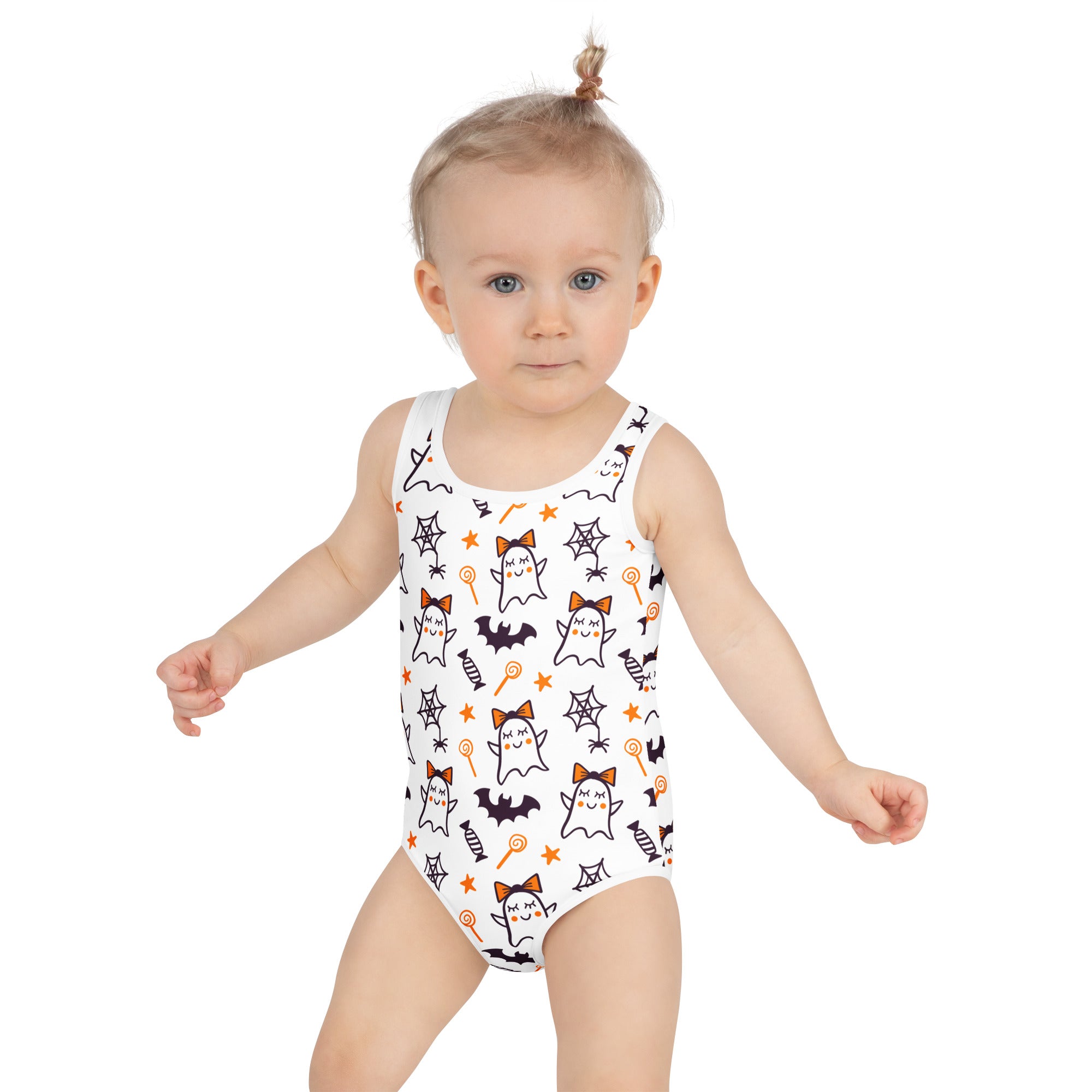 Girls Cute Ghost Halloween One Piece Swimsuit – Buttery Soft UPF 50+ Sun Protection, Quick Dry, Double Layered Front & 4-Way Stretch